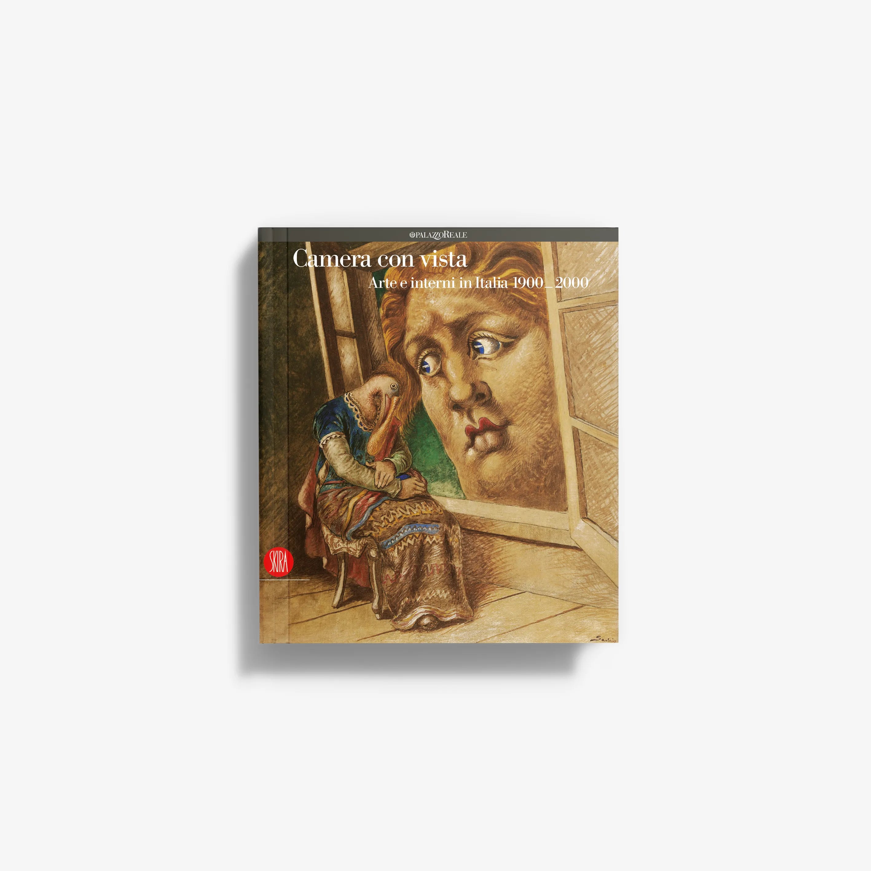 Italian art book cover with painted portraits, window view, and warm brown tones