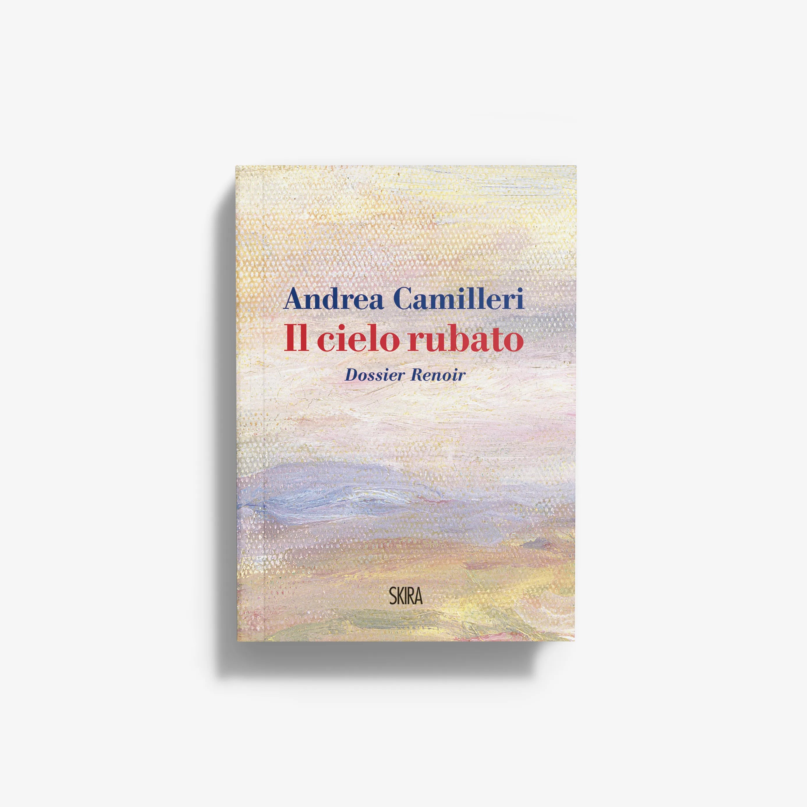 Stolen Sky book cover with pastel sky art, Andrea Camilleri, Renoir Dossier, SKIRA