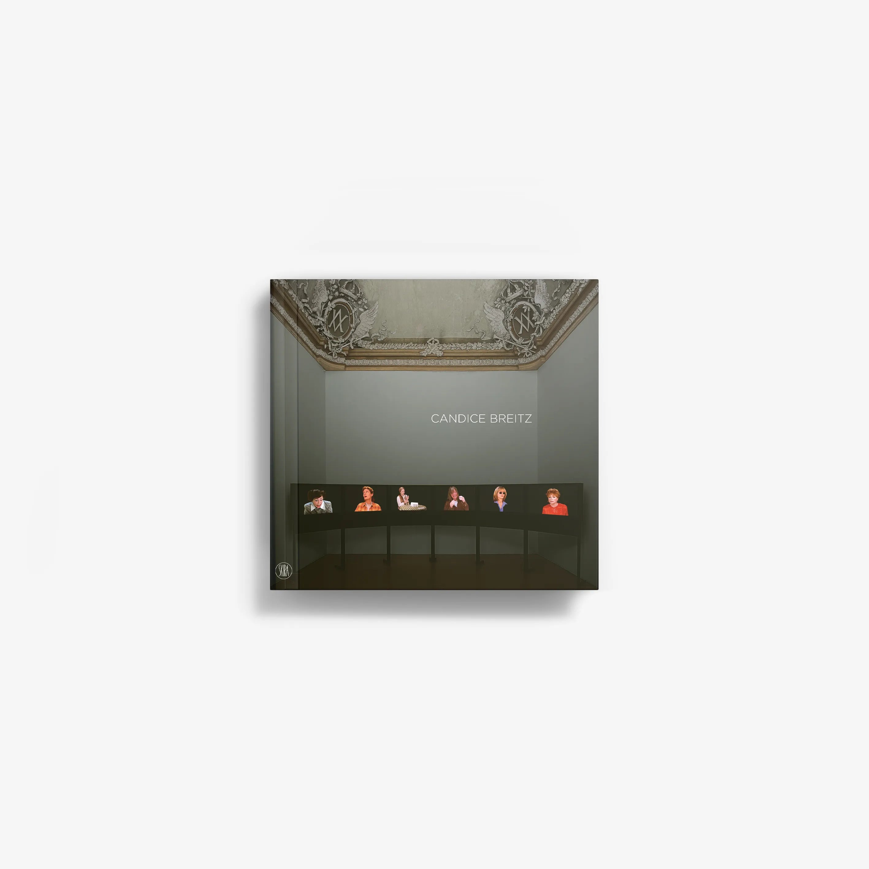 Framed wall artwork with five small portrait panels and text "Candice Breitz"