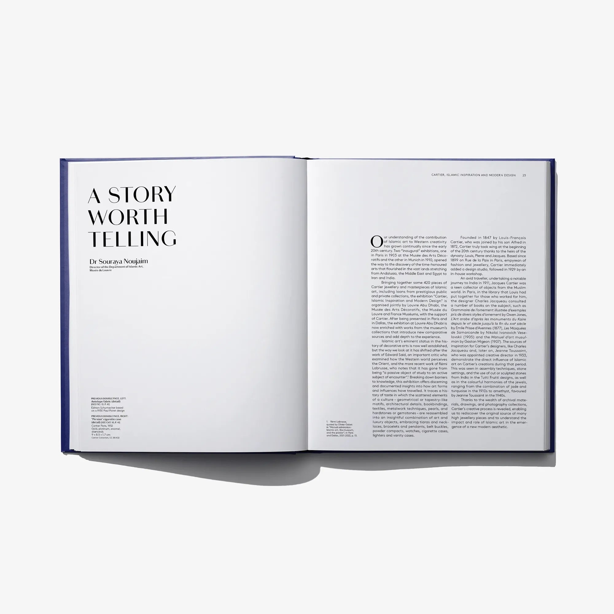Open book with header text on the left page and paragraphs on the right page
