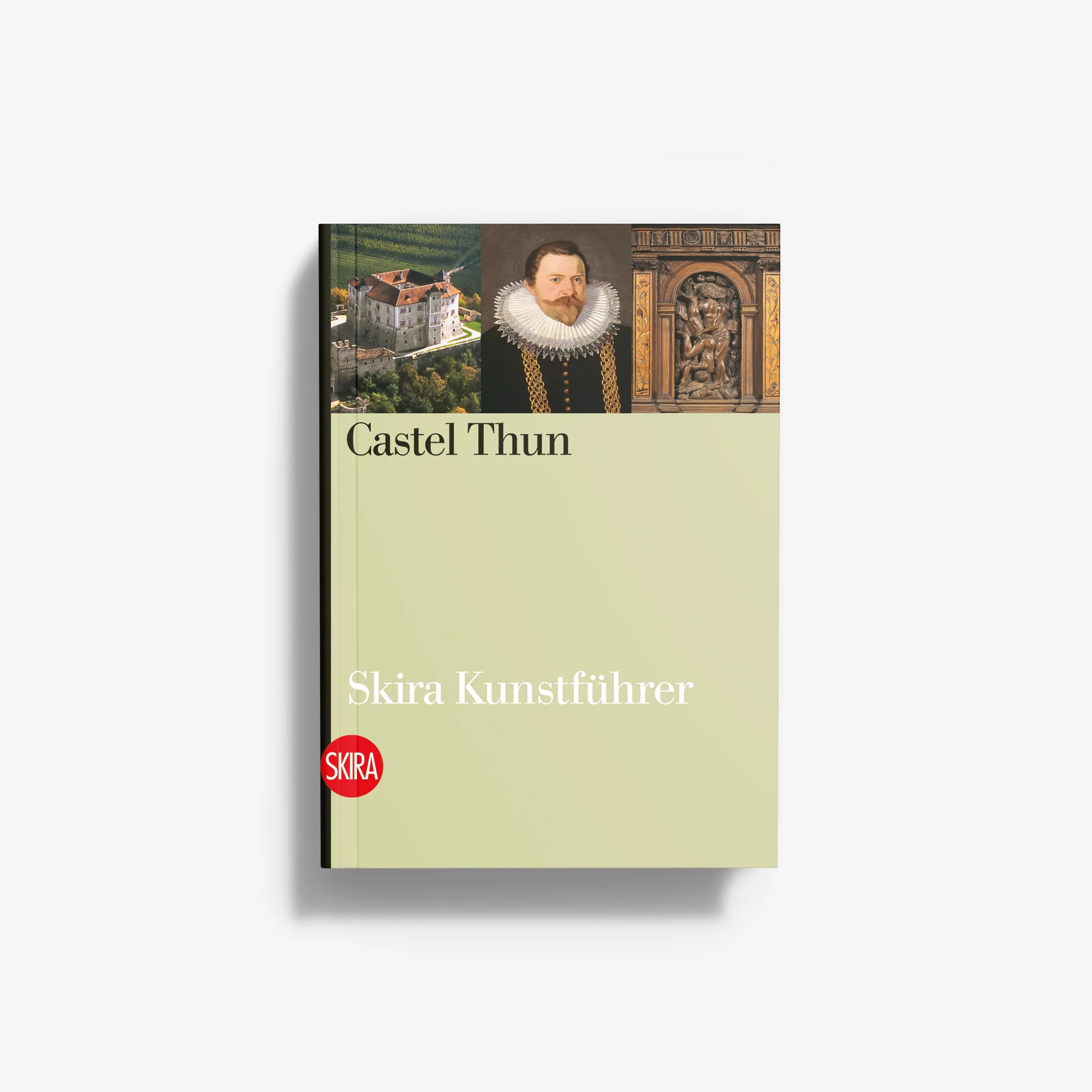 Castel Thun guidebook cover, pale green with ornate arch image and Skira logo