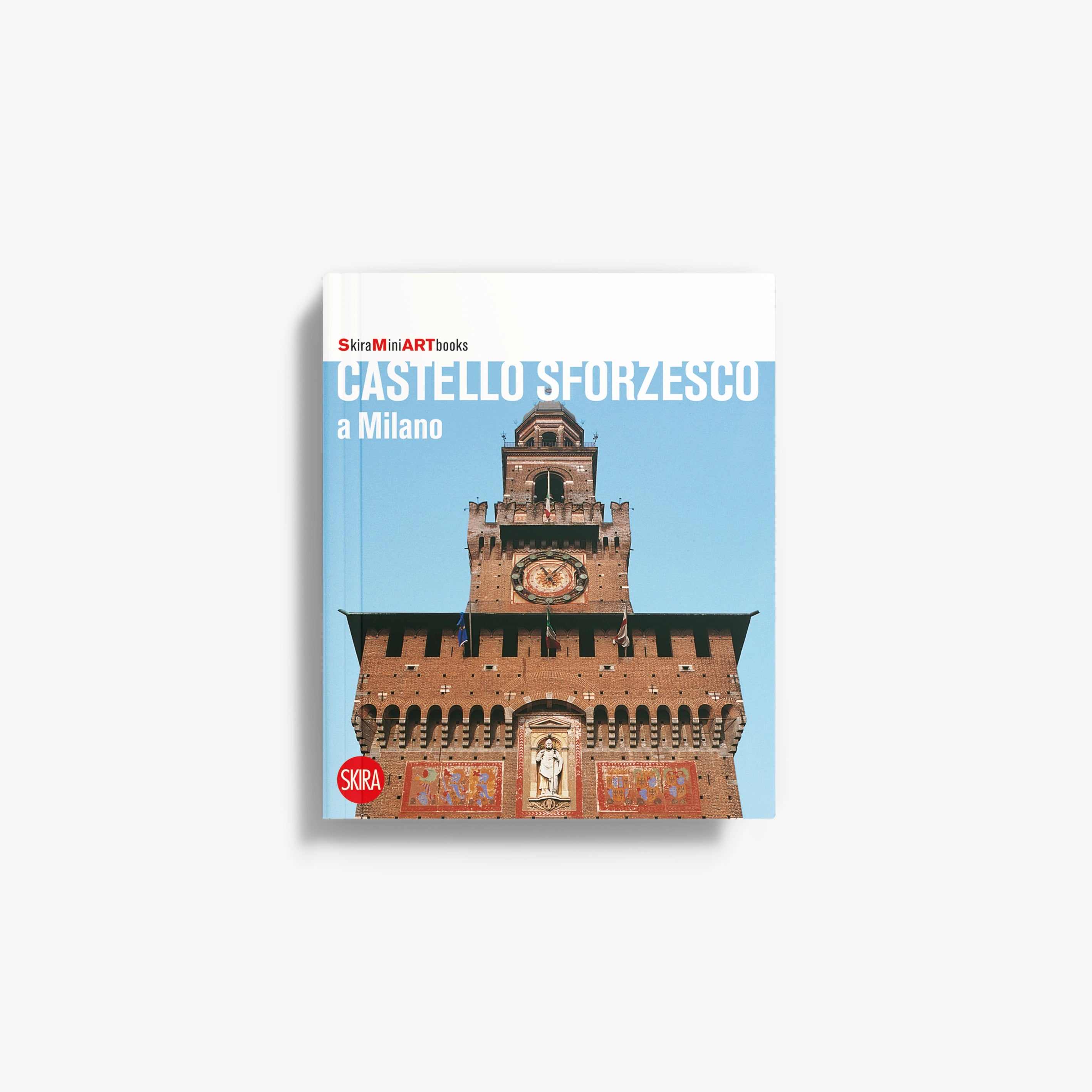 Travel guide book cover with illustration of Castello Sforzesco in Milan and blue sky