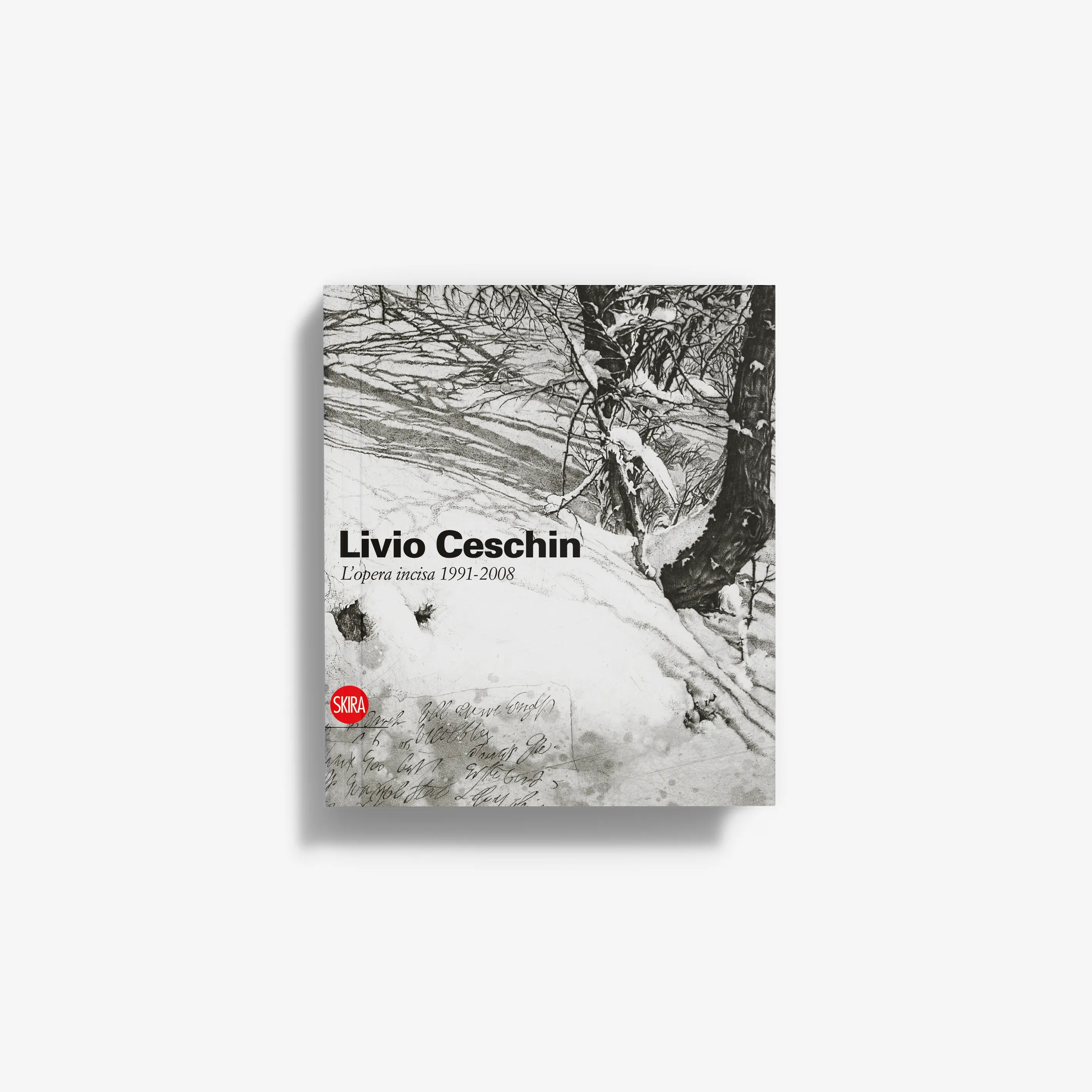 Monochrome book cover with tree engraving and text, Livio Ceschin title and dates