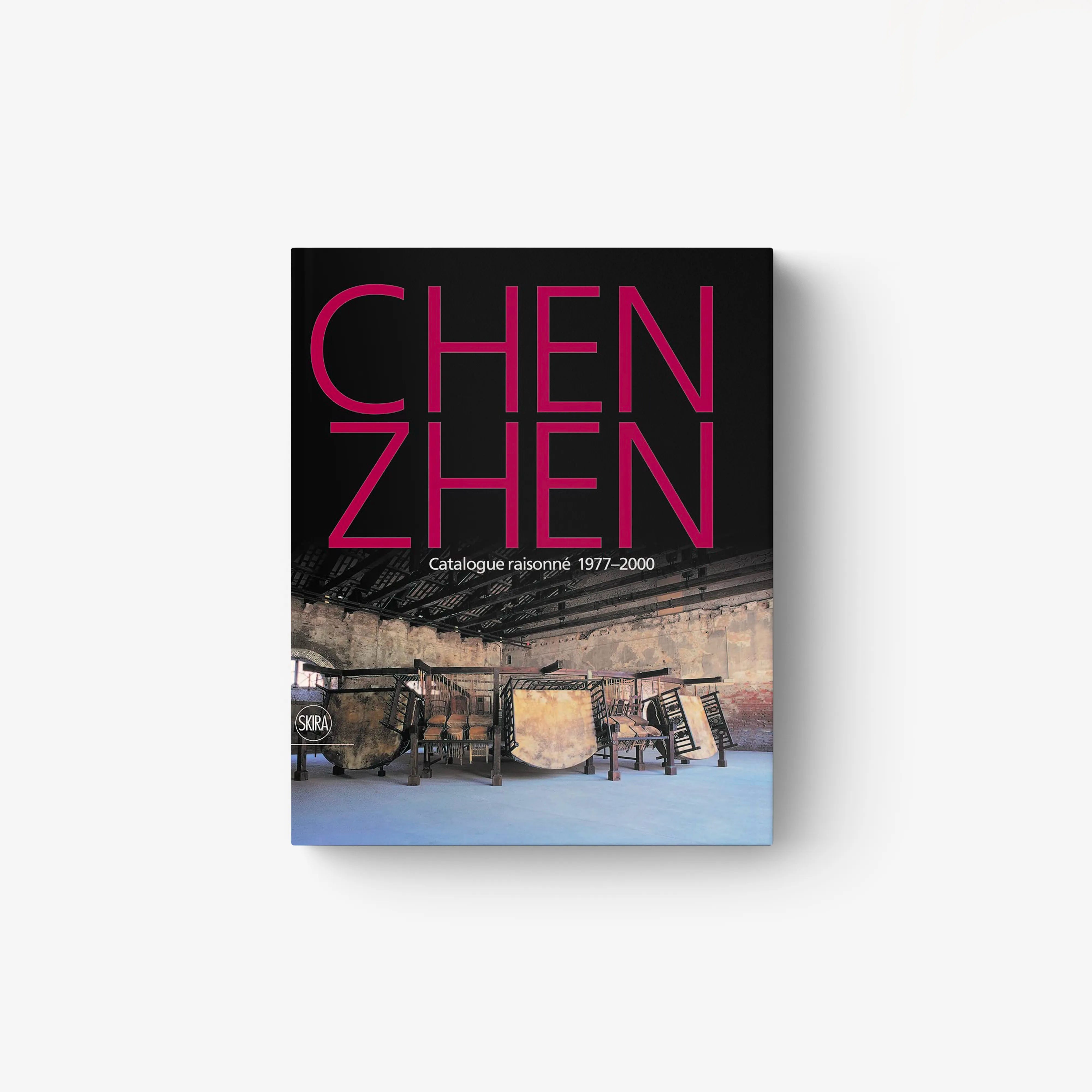 Catalogue raisonné book in black with bright pink Chen Zhen lettering, Skira Arte, two-volume set