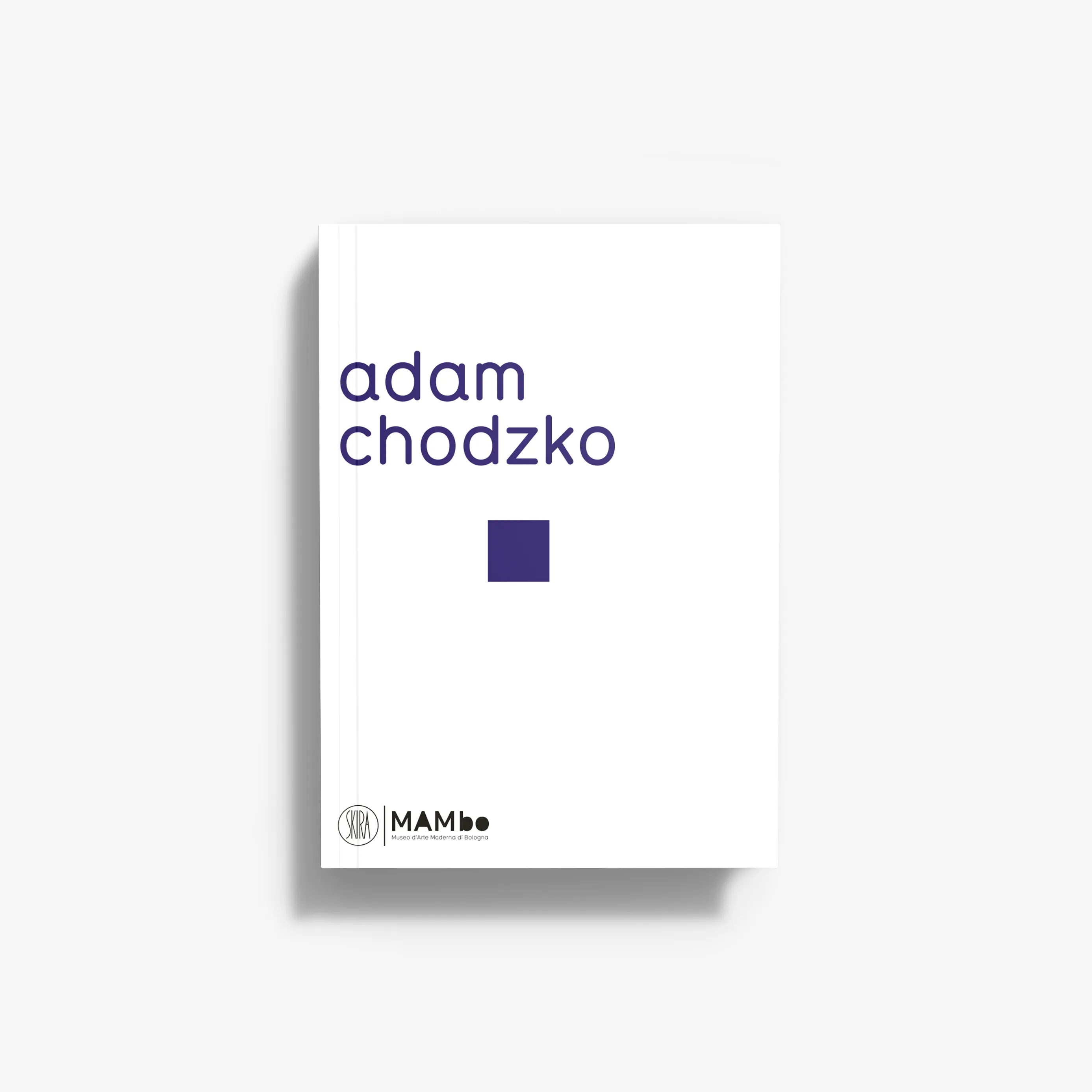 White book cover with Adam Chodzko text and small purple square, MAMbo logo