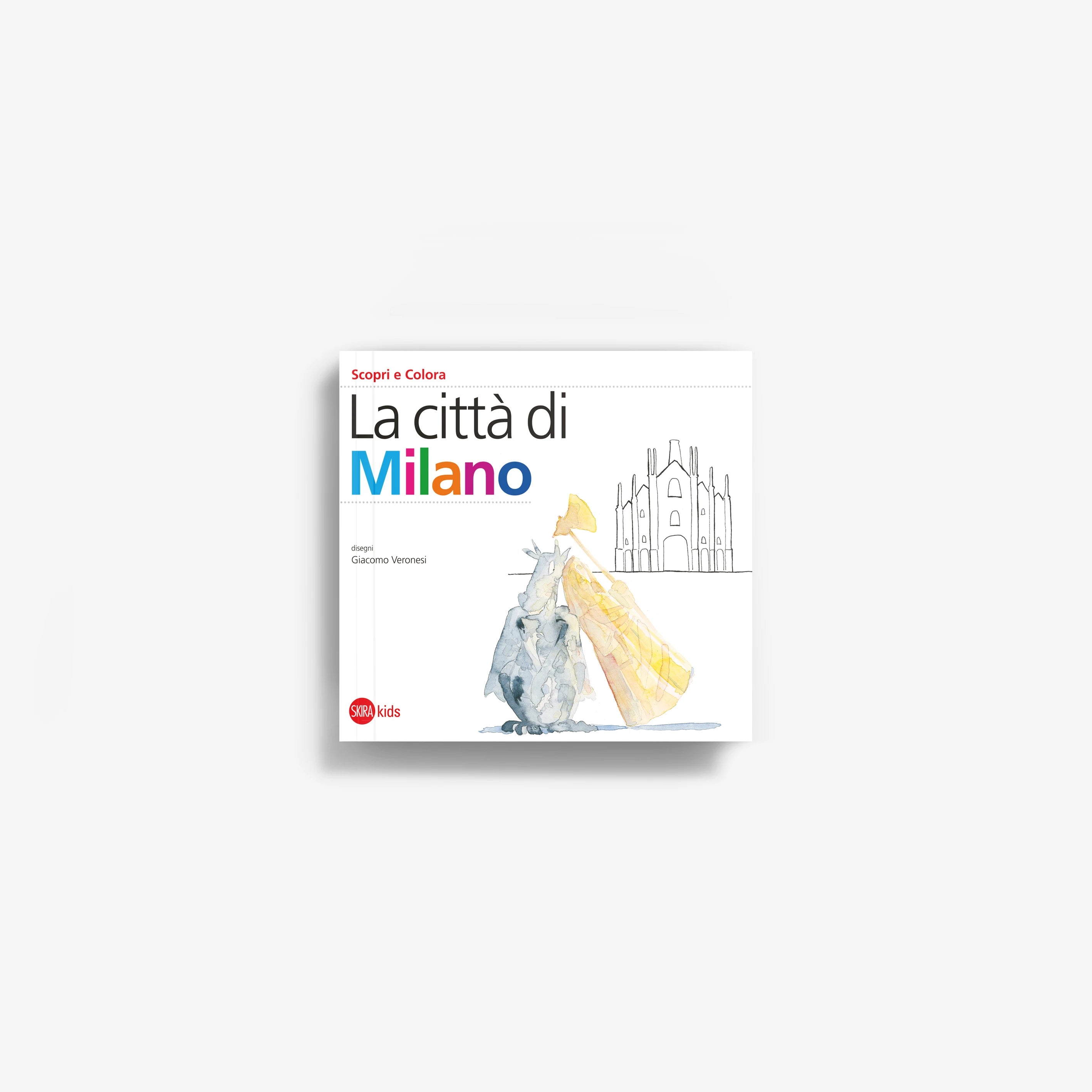 Coloring book cover with Milan skyline line art, blue and yellow illustrated figures