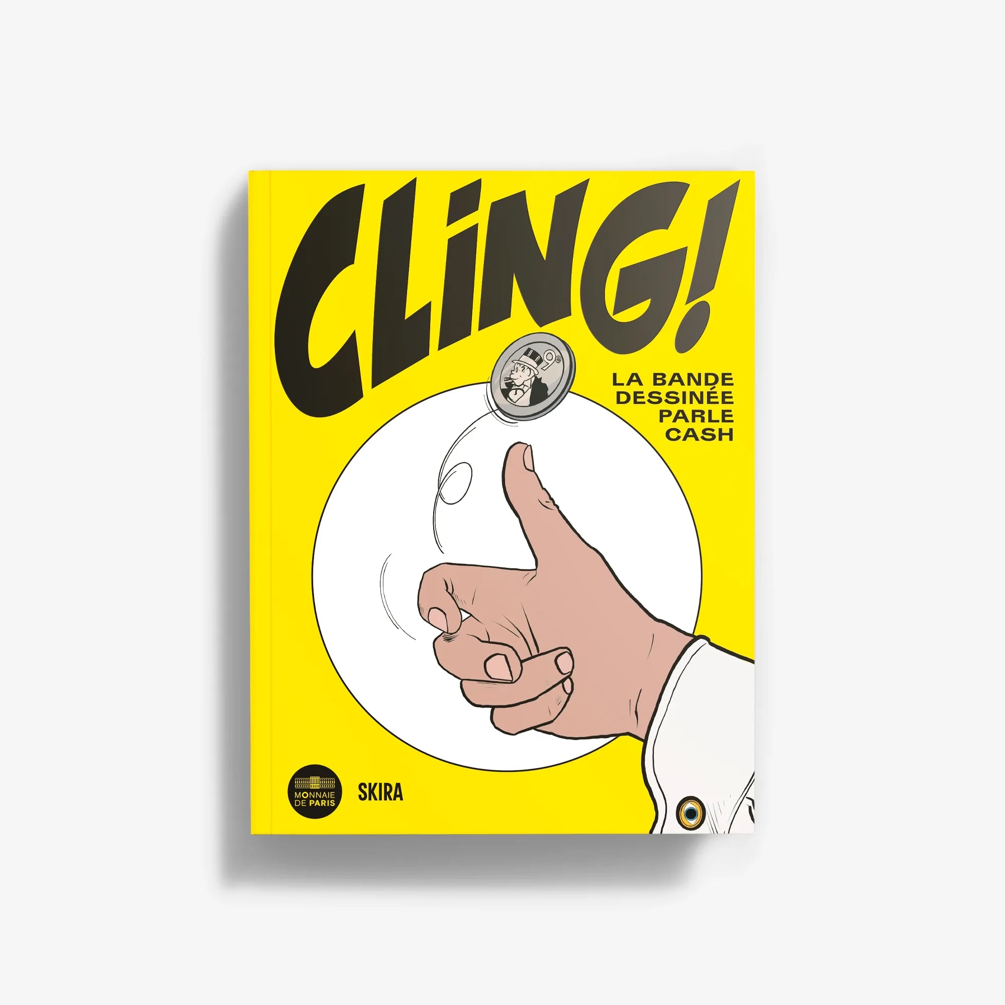 Graphic novel comic book with yellow cover and cartoon hand holding a coin