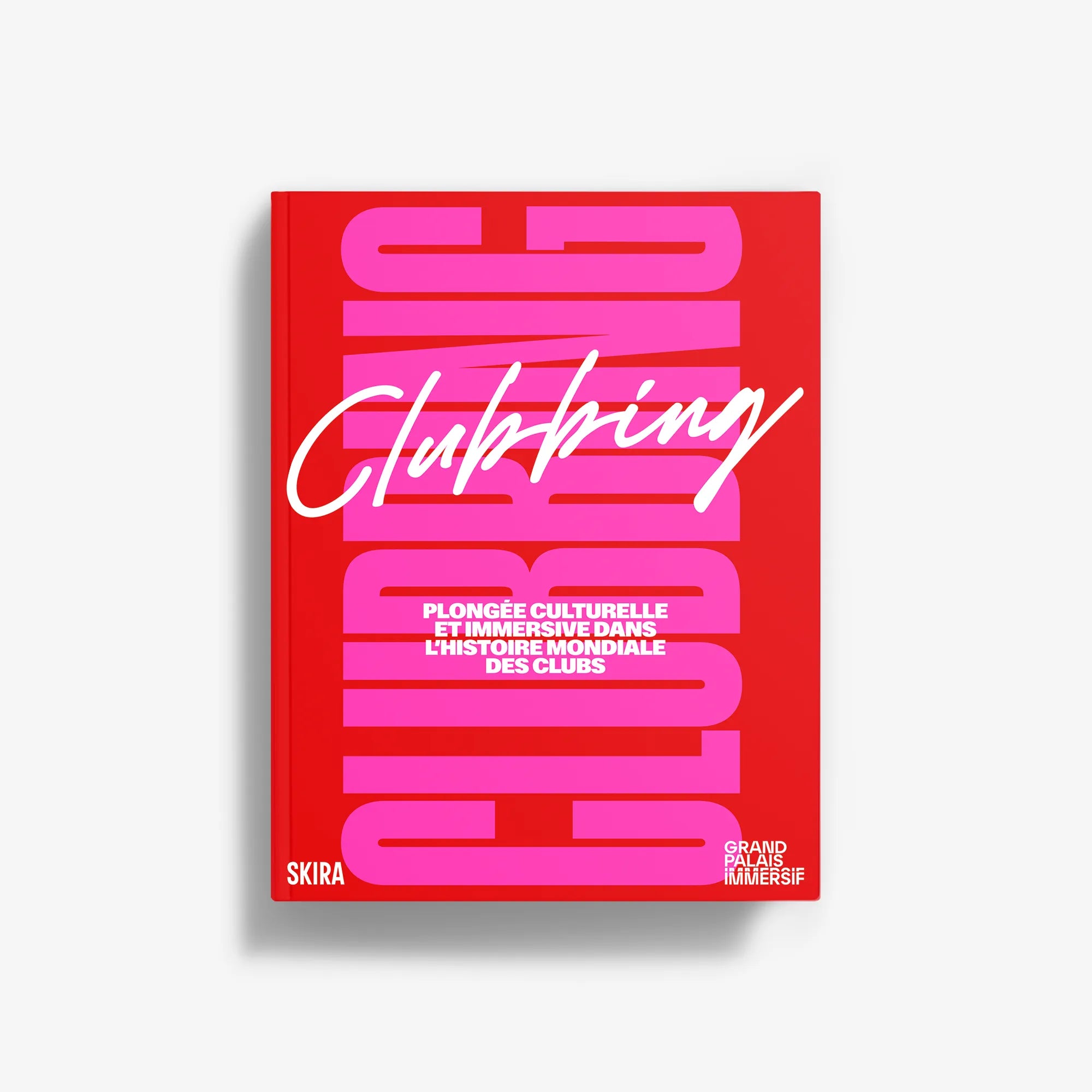 Red club culture book cover with pink and white typography and decorative lines