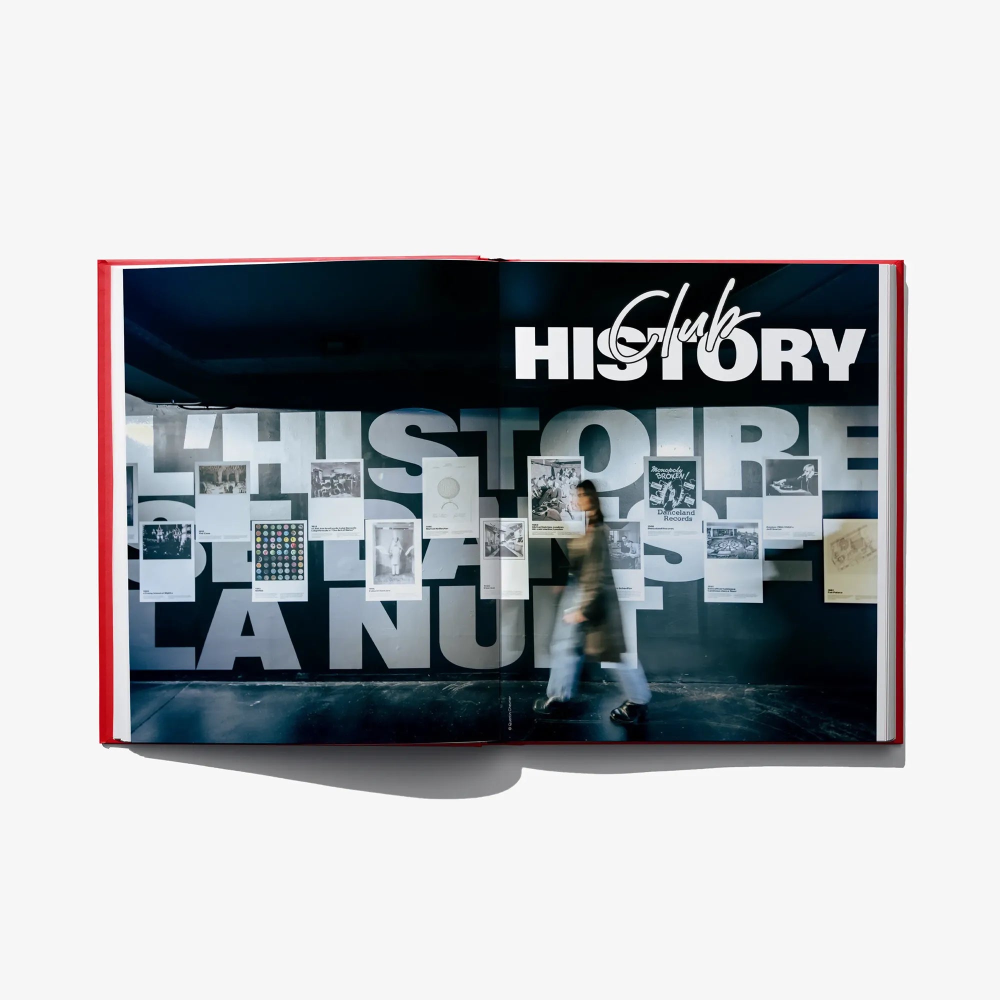 Open club culture book spread with “HISTORY” text and collage-style photo cards