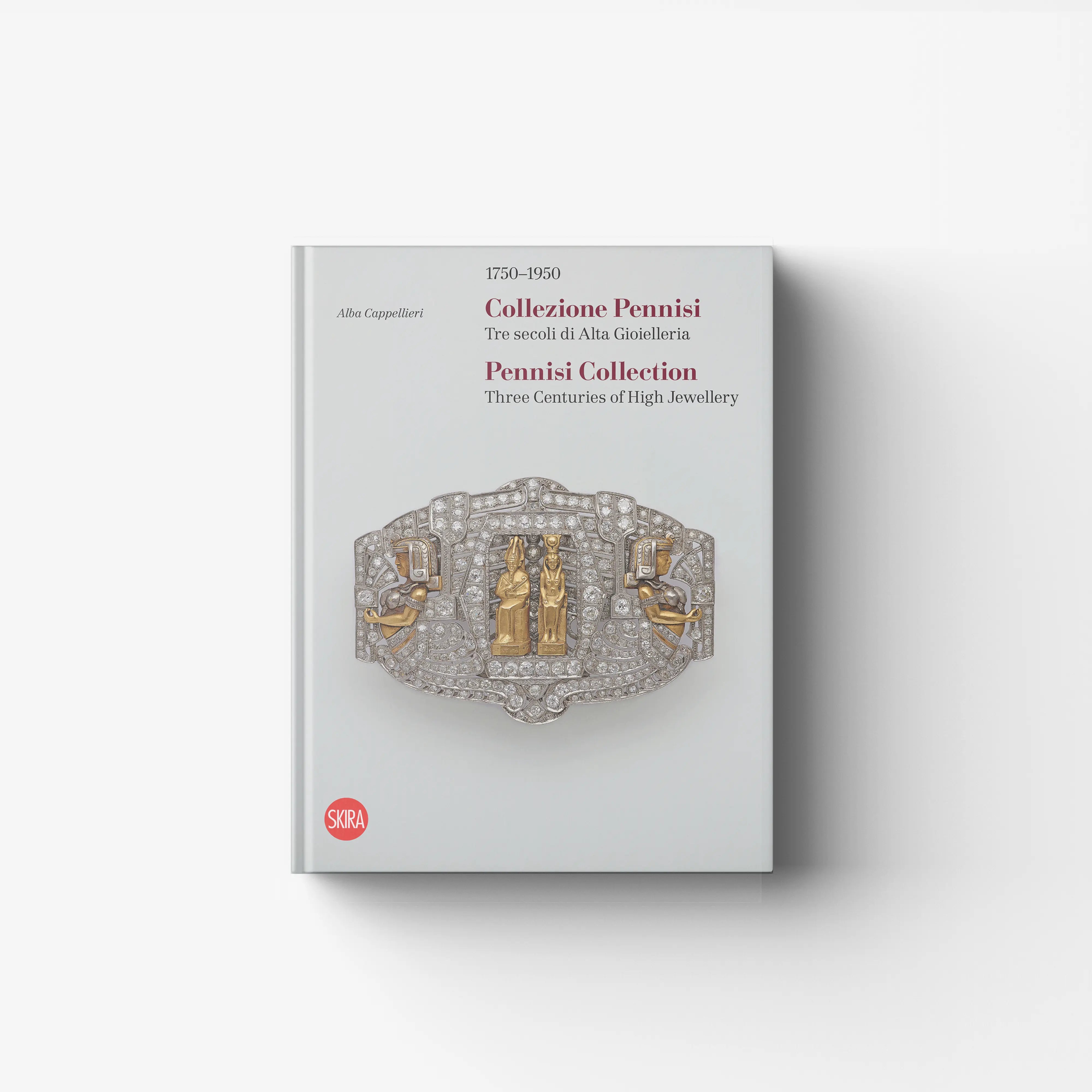 Art book in light grey with embossed jewellery motif, Skira Arte, volume da collezione, Collezione Pennisi 1750-1950