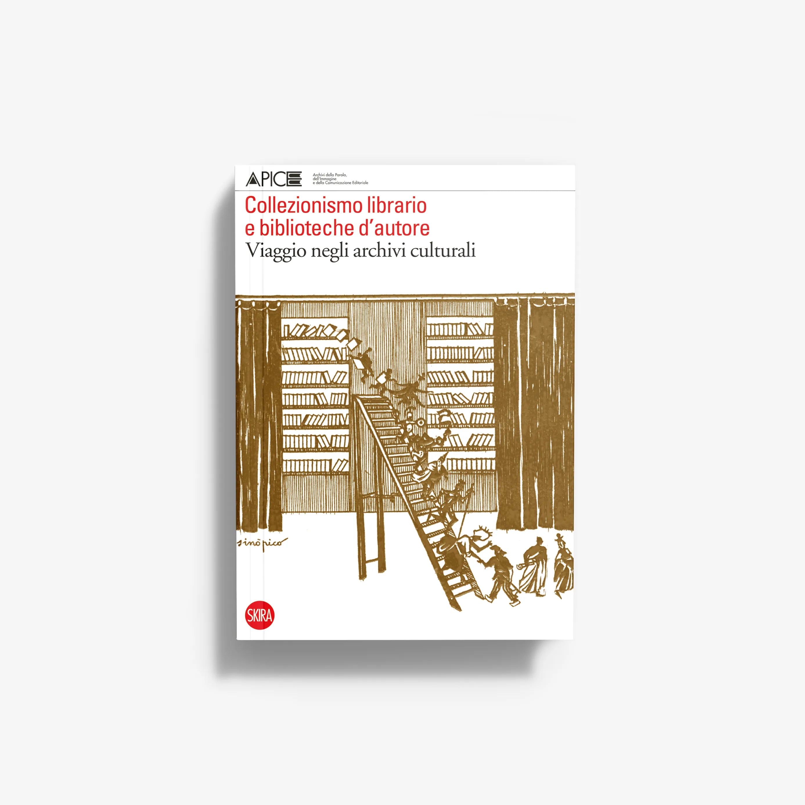 Hardcover book with white cover and gold library illustration