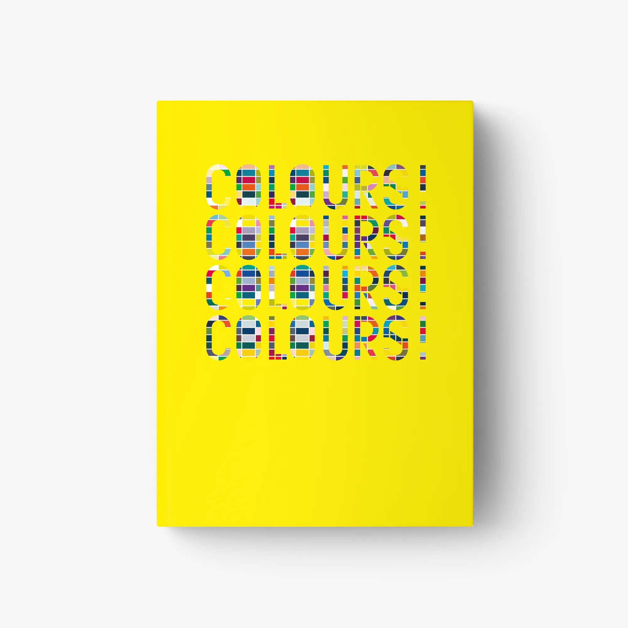 Yellow art book cover with stacked 'COLOURS!' title lettering