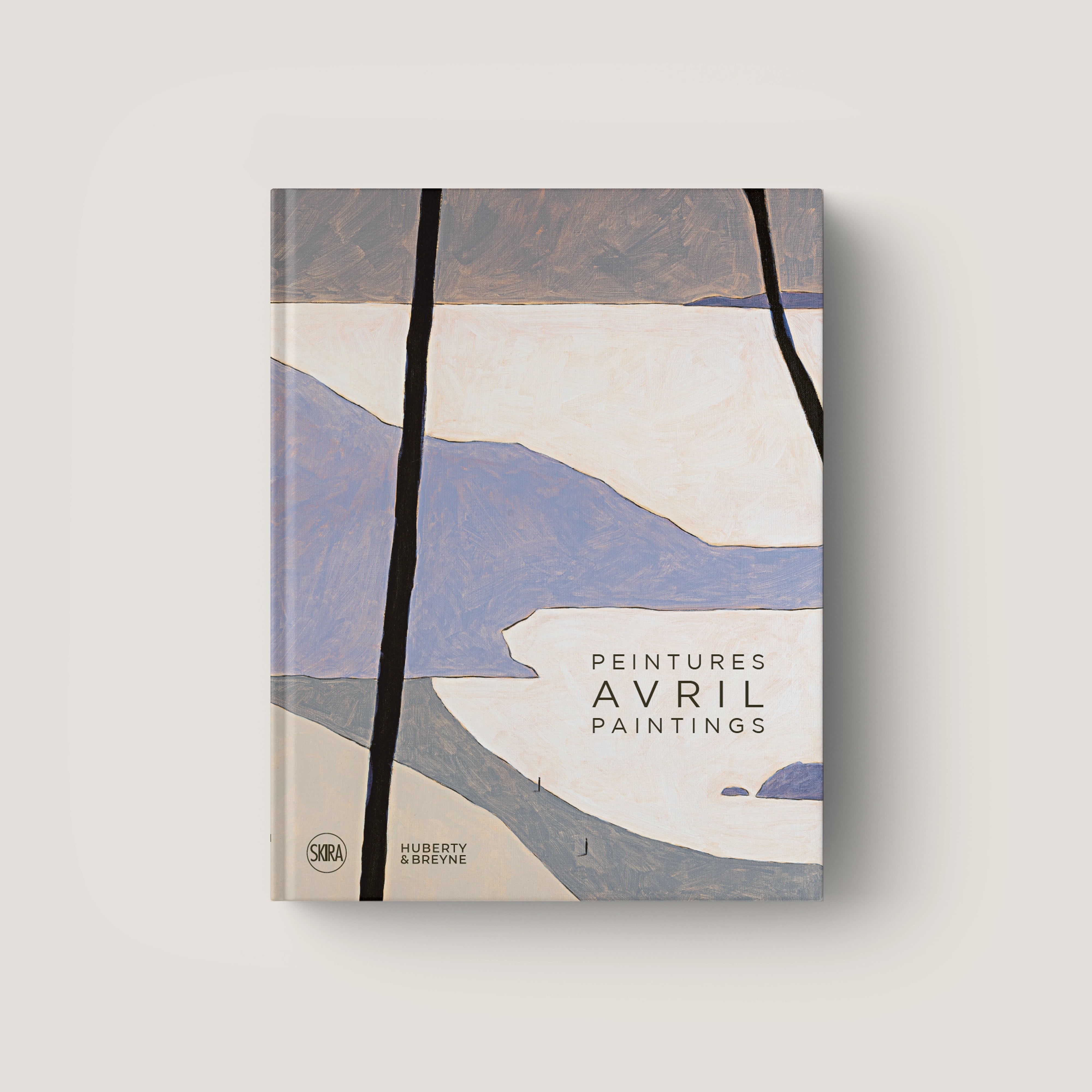 Soft abstract landscape painting in muted blues, grays, and cream with black vertical accents.
