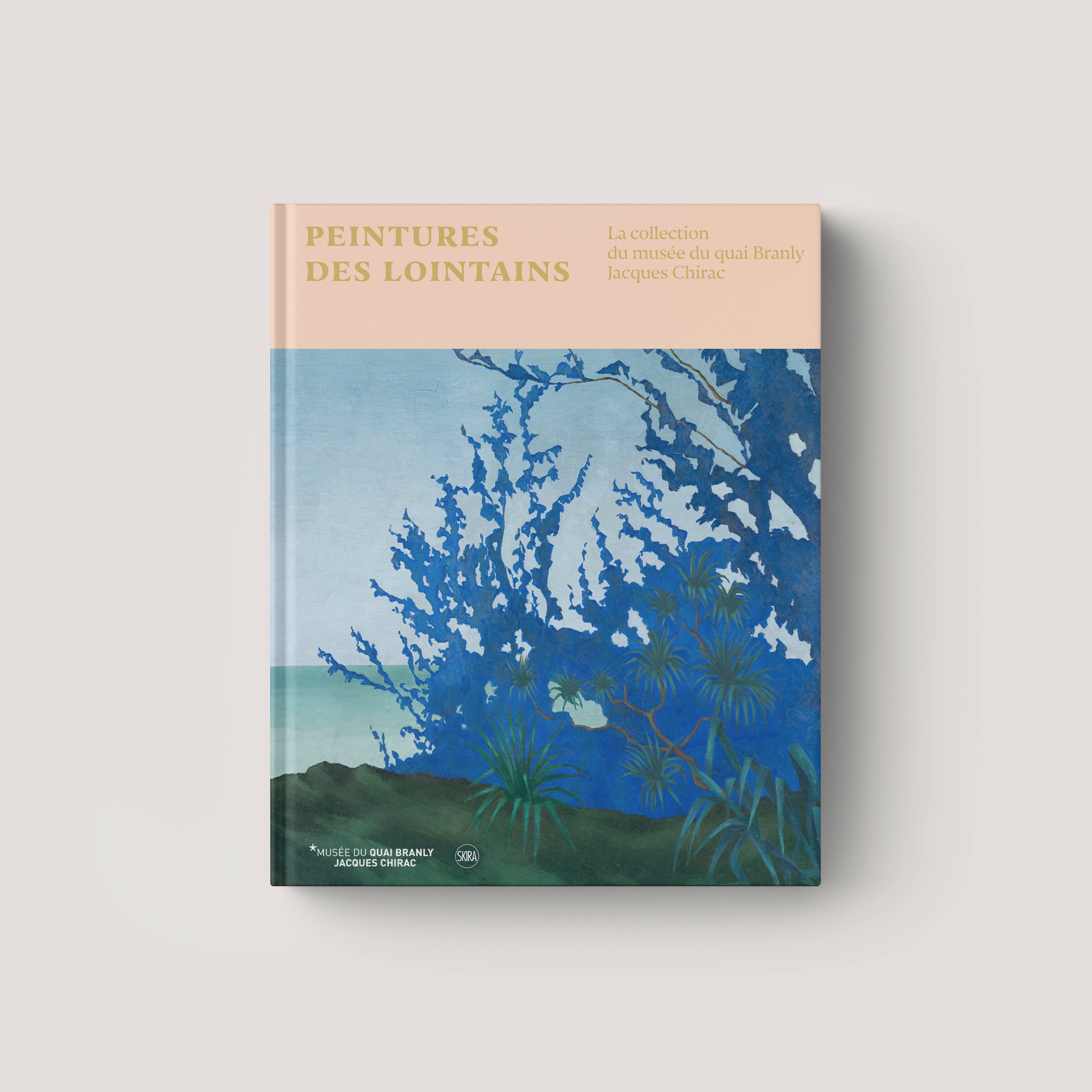 Landscape art book cover with blue mountains, palms, and sky illustration