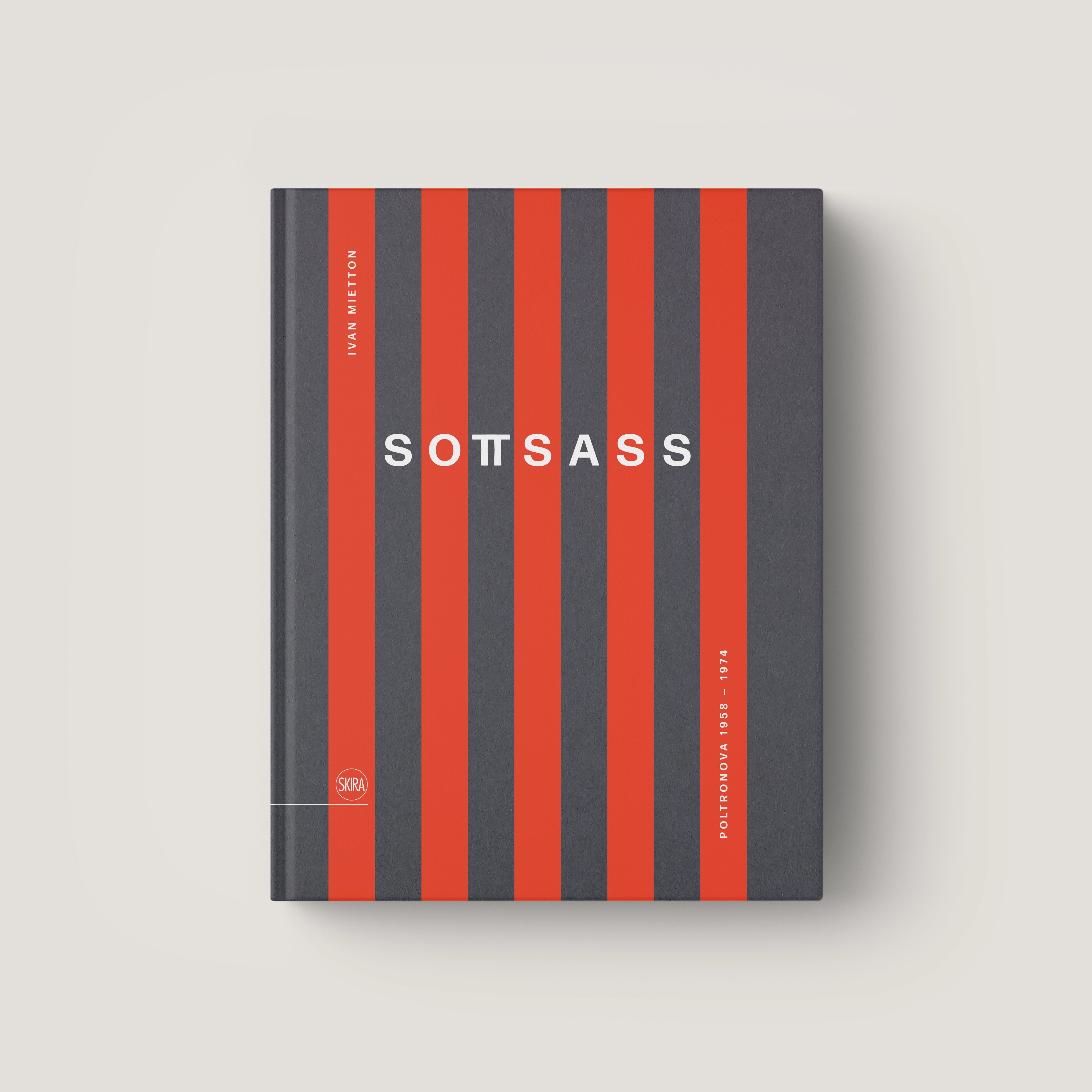 Book titled Sottsass with vertical red and dark gray stripes and white text on the cover.