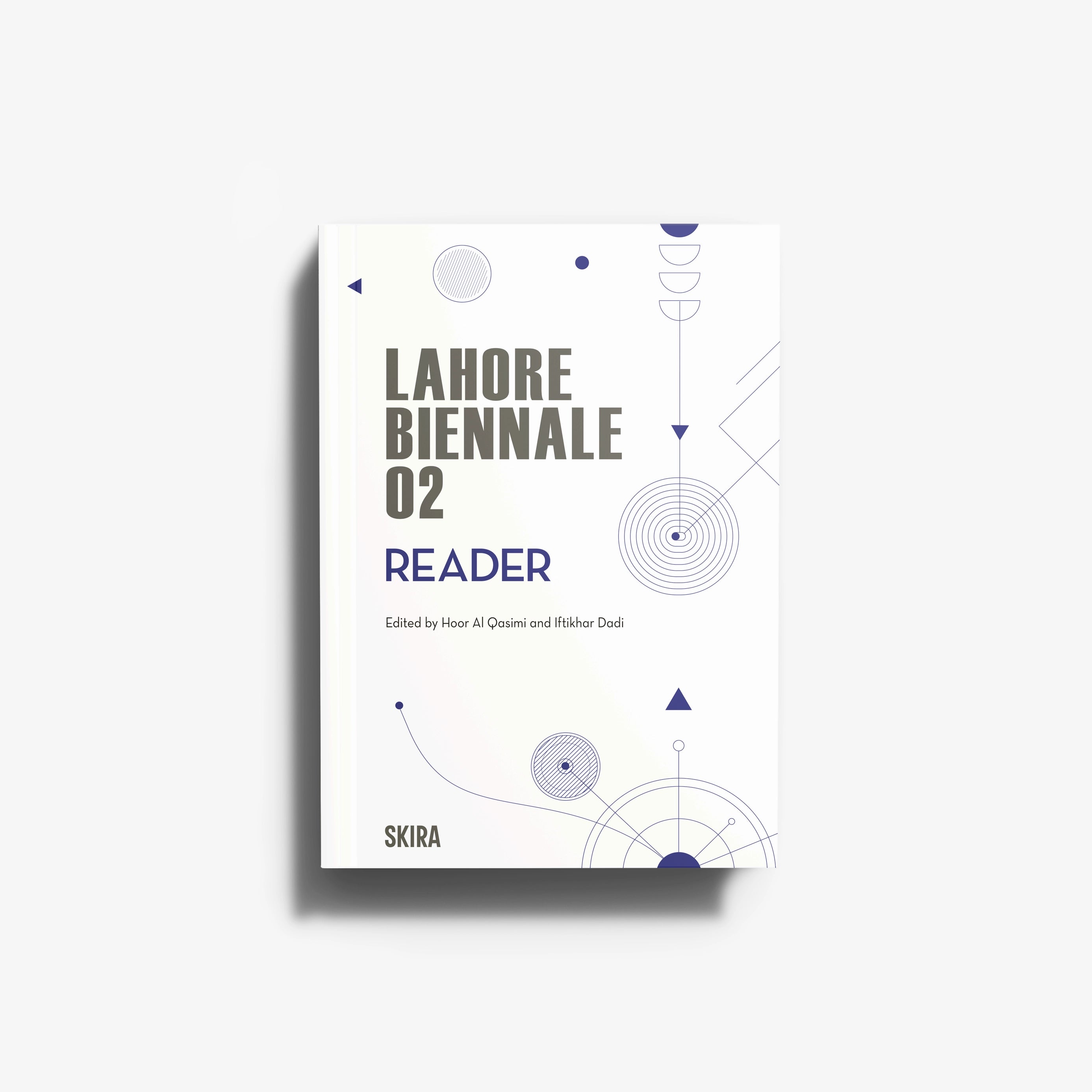 Contemporary art reader publication 2024 by Skira Arte, Lahore Biennale 02 Reader, illustrated white cover with blue text