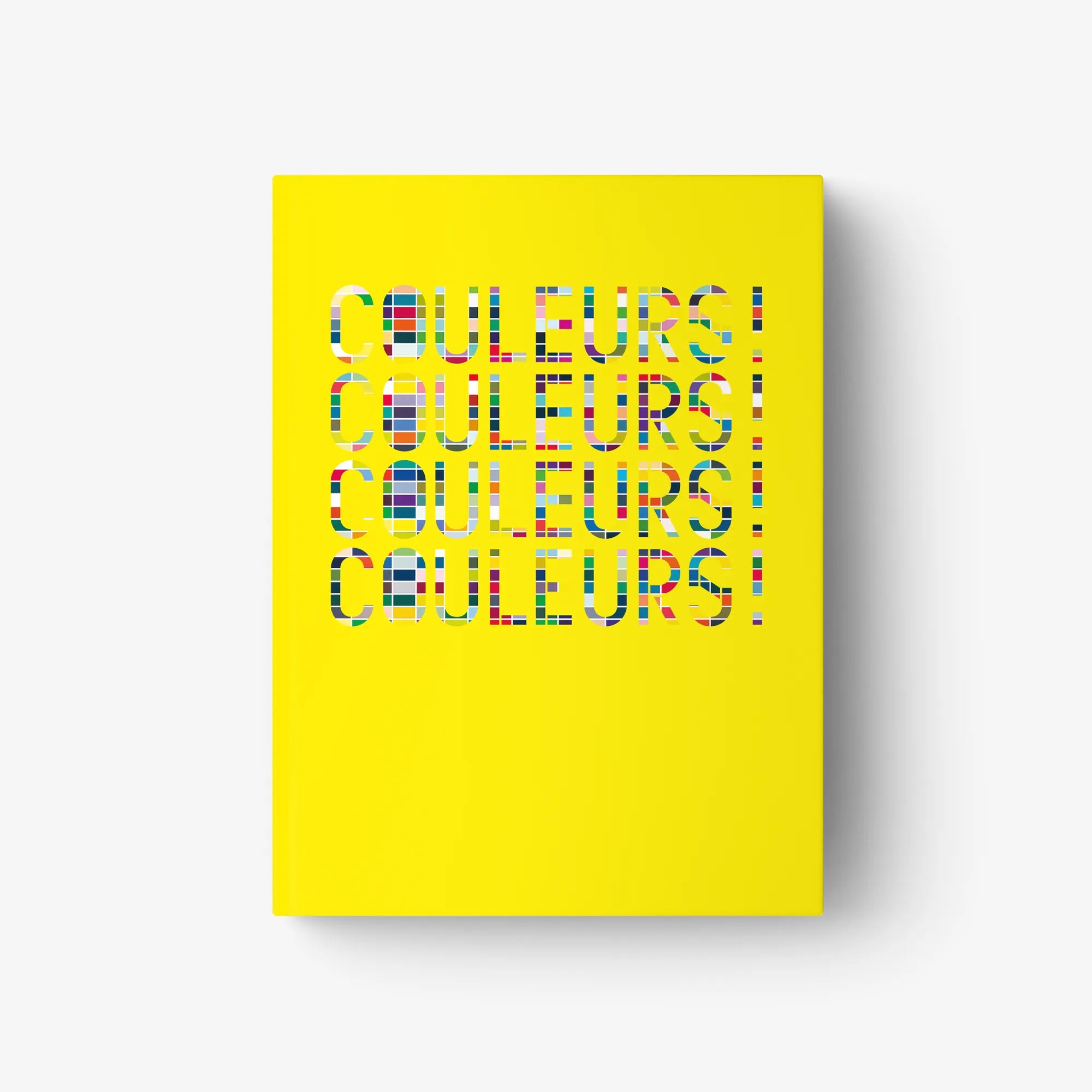 Hardcover book cover, bright yellow with repeated COULEURS! text pattern