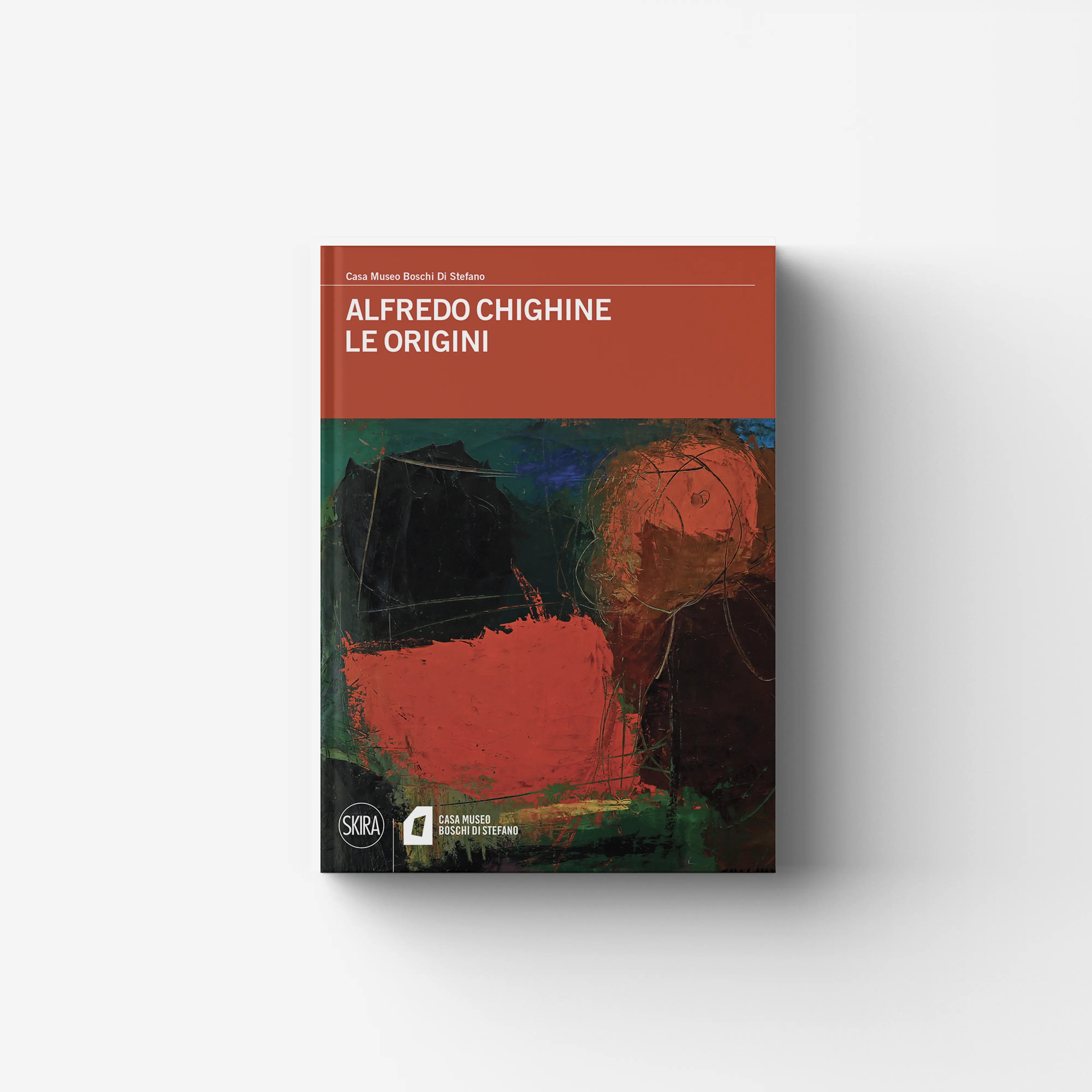 Contemporary art monograph by Skira Arte, Alfredo Chighine, with red cover and abstract sign drawing light colour dynamics