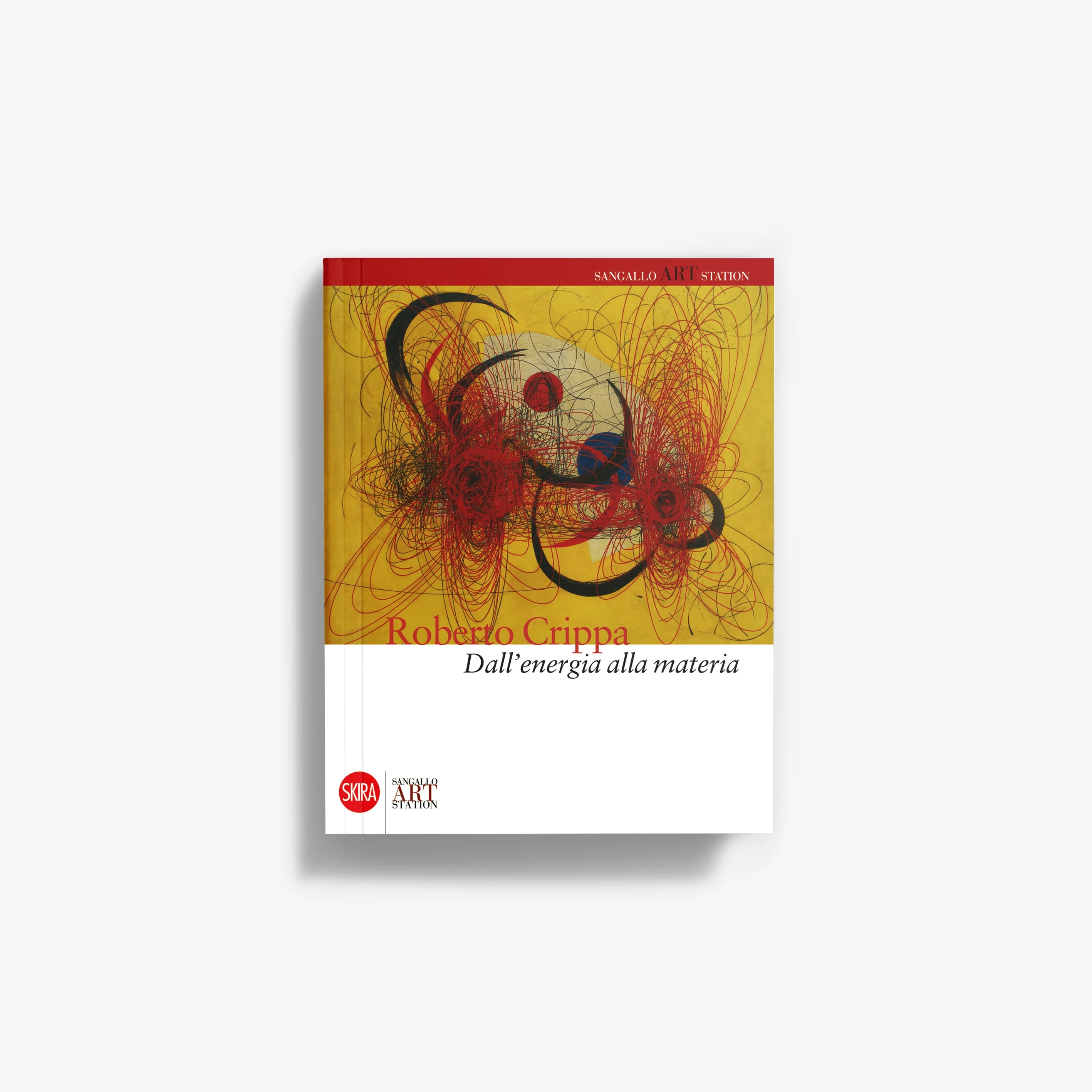 Abstract art book cover with yellow, red, and black swirls and title text