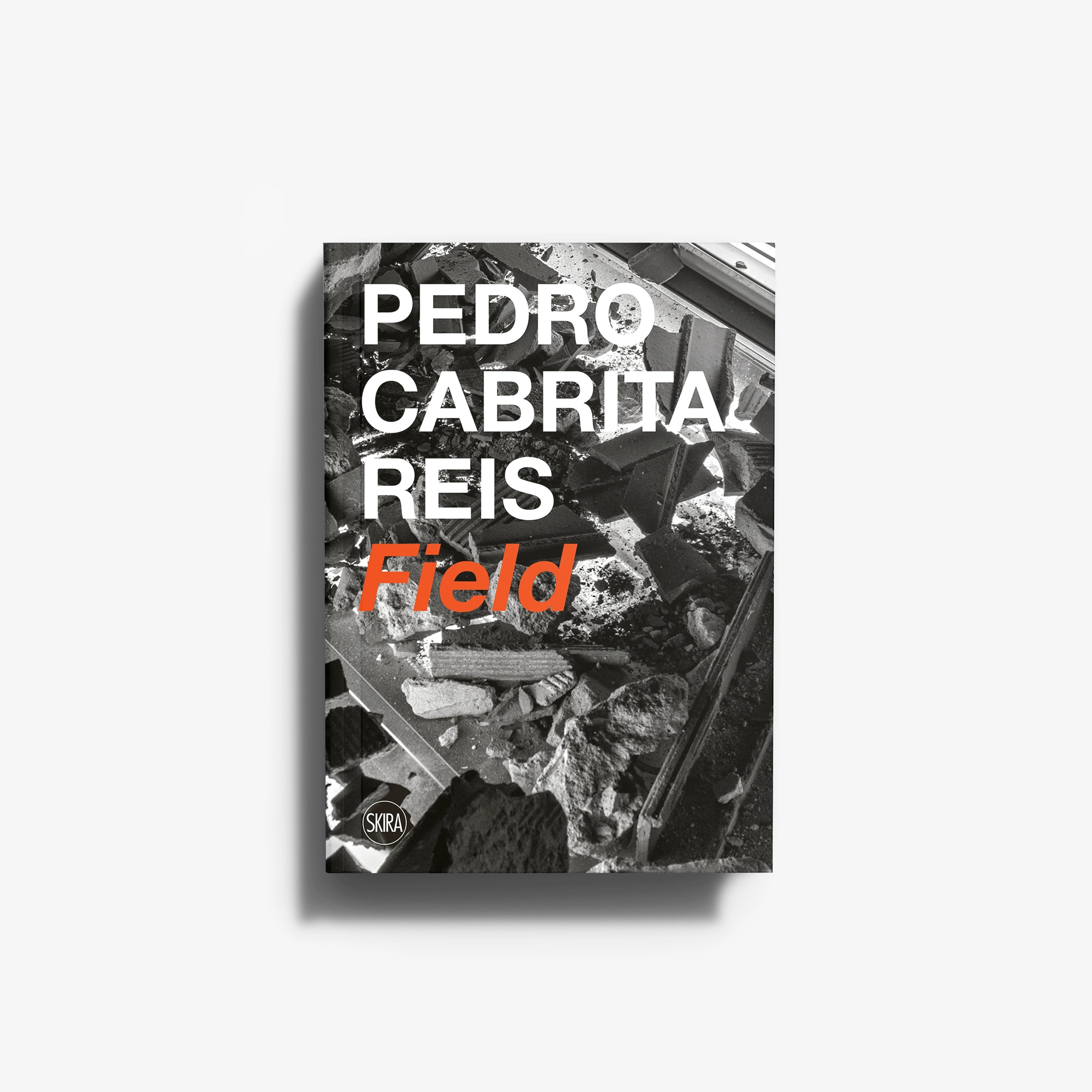 Art book in black and white with orange title text, Skira Arte, Pedro Cabrita Reis Field, documentation photograph