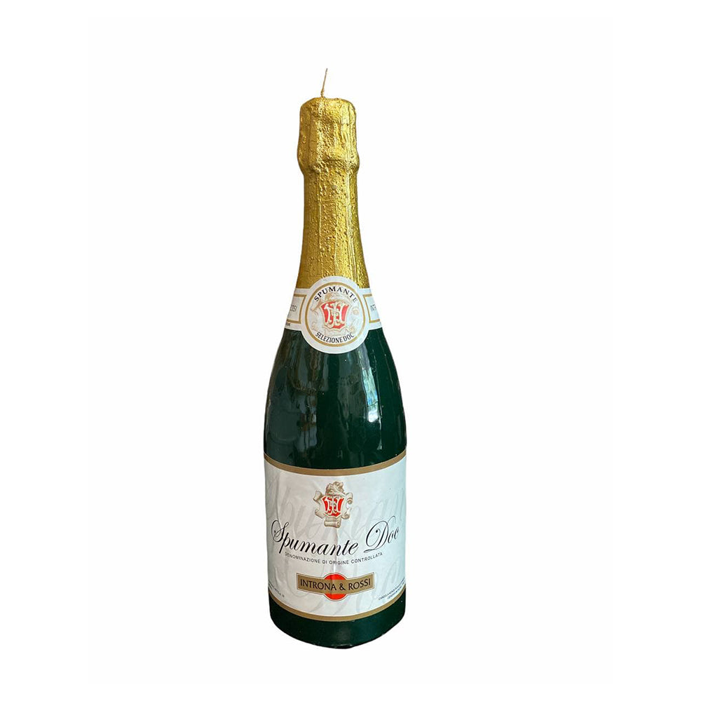 Champagne bottle-shaped candle with green glass body, label, and gold foil top