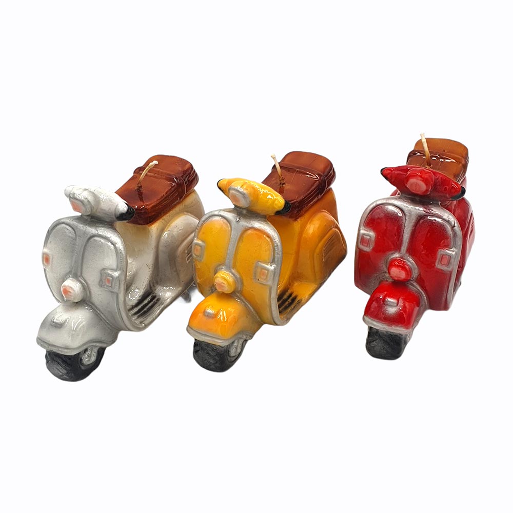 Vespa-inspired candle set, three mini scooters with red, gold, and silver