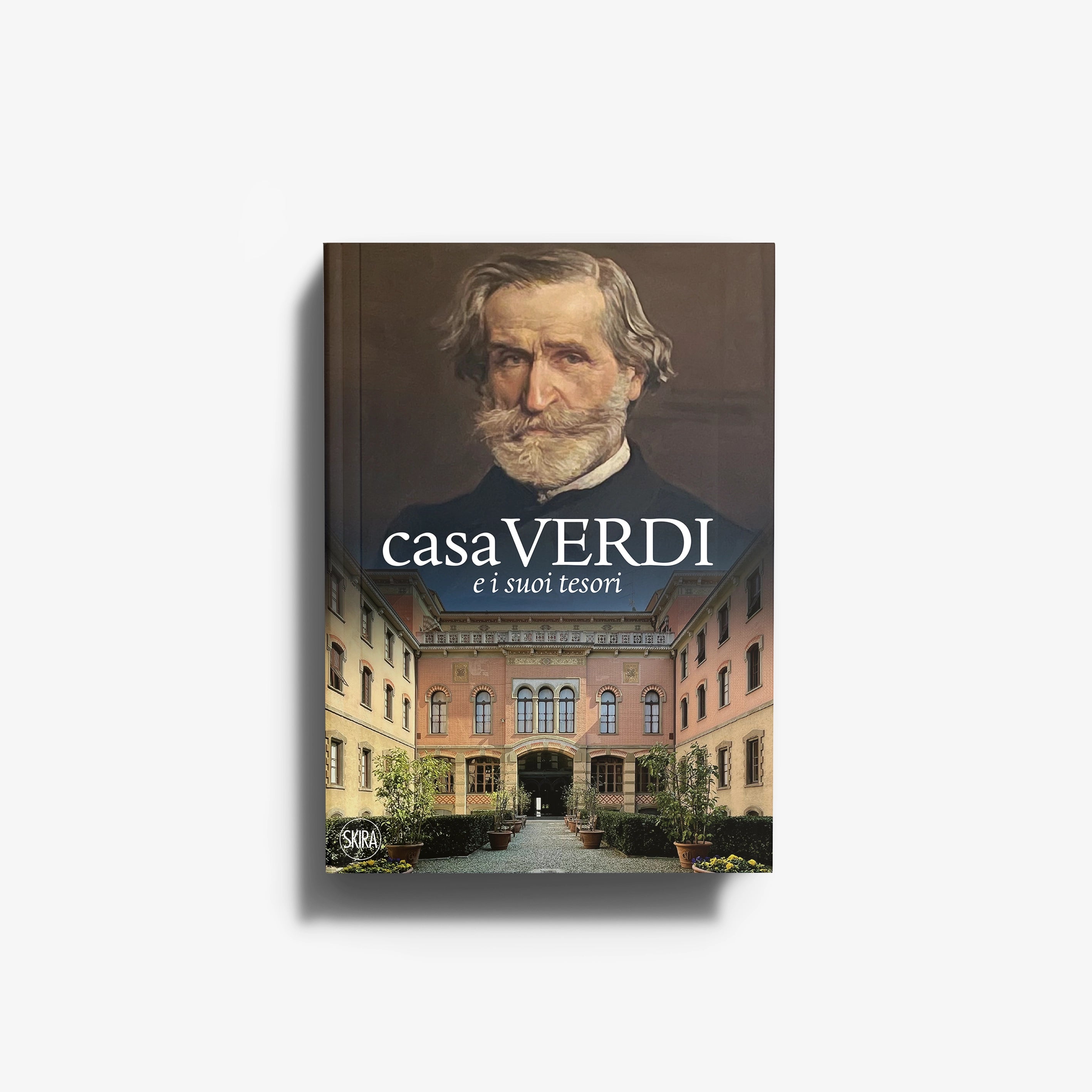 Hardback music history and biography book by Skira Arte with Giuseppe Verdi portrait and Casa Verdi courtyard cover