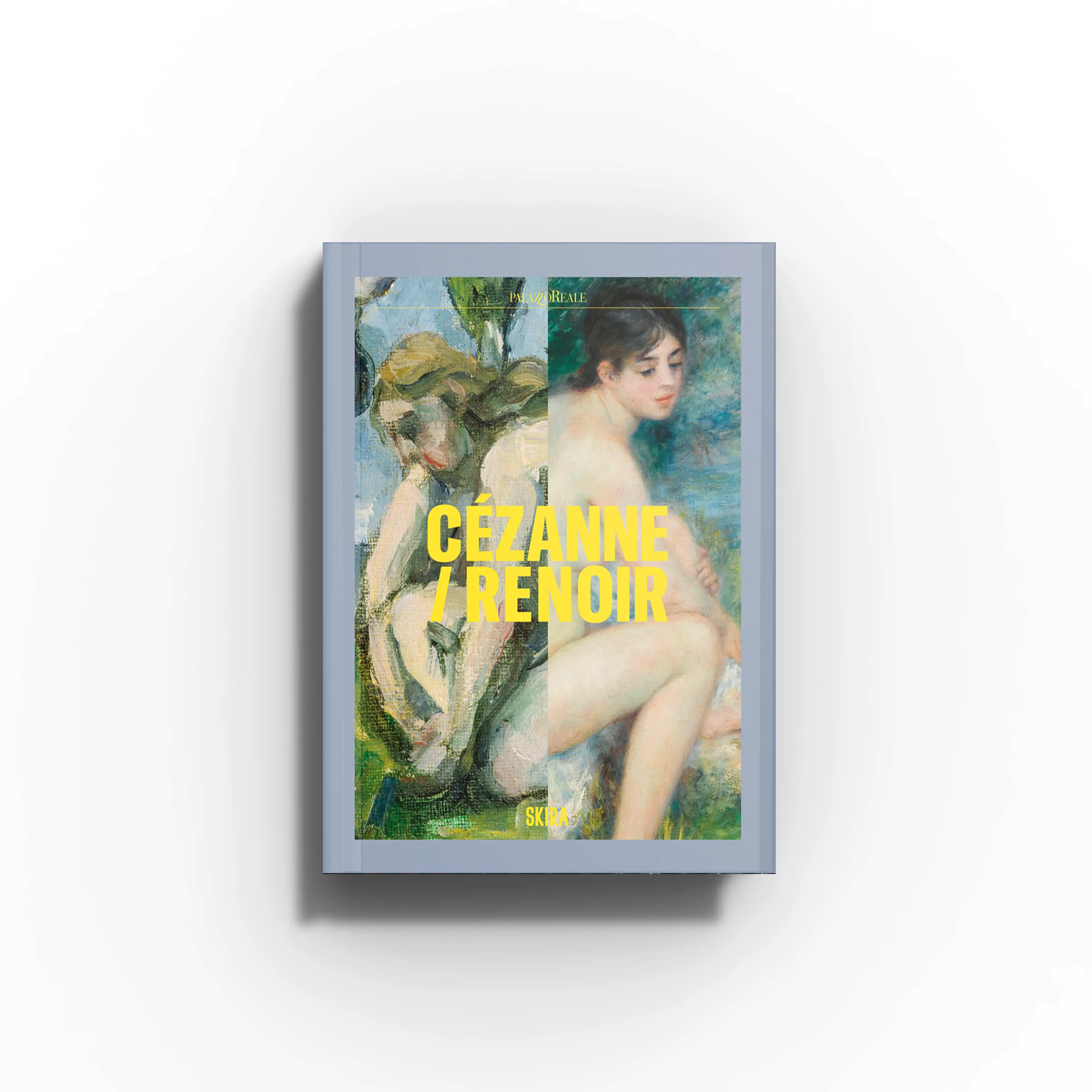 Illustrated art book by Skira Arte with Cézanne and Renoir comparison, featuring a blue framed cover with yellow title text