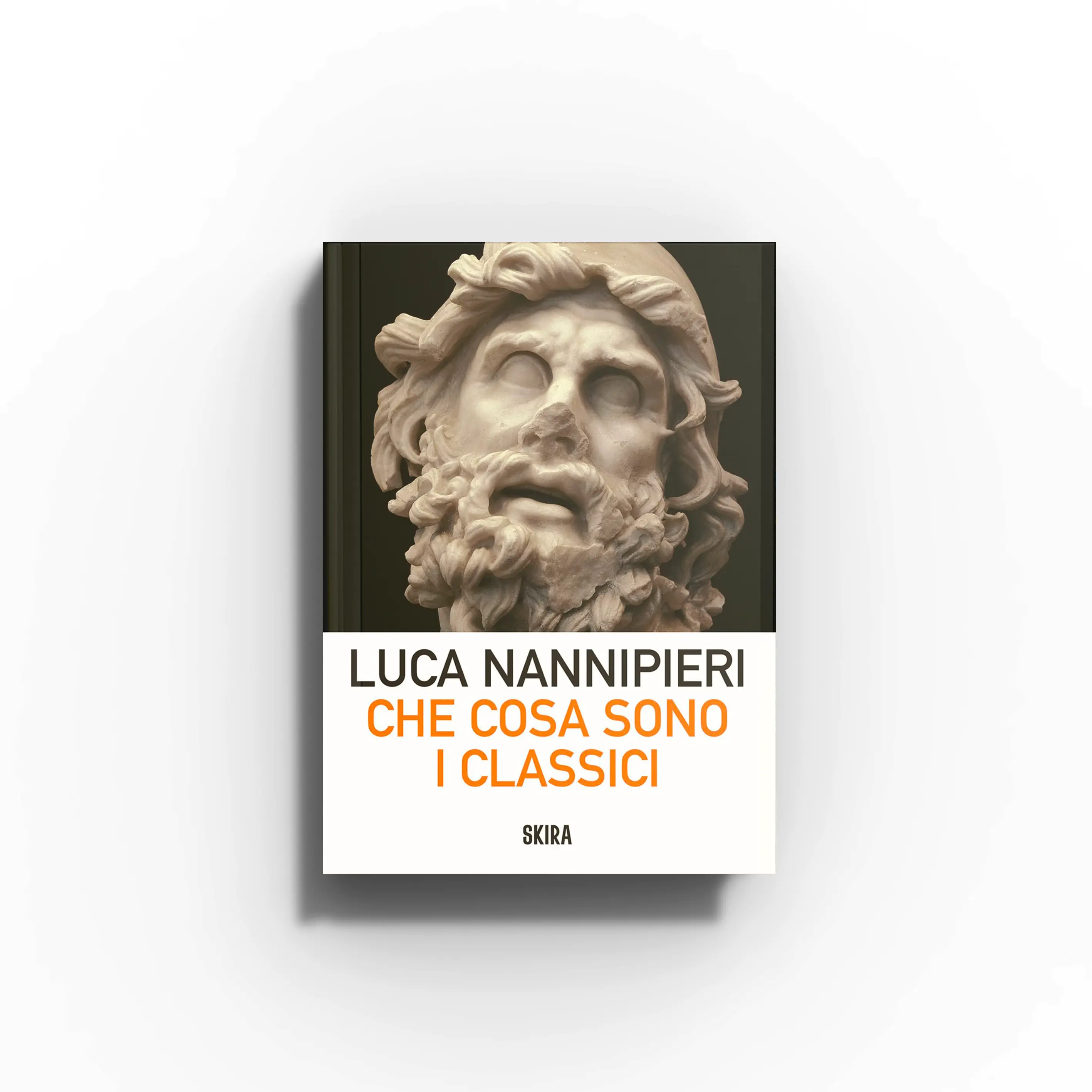 Art book by Skira Arte with classical sculpture bust cover in cream and dark green, titled Che cosa sono i classici