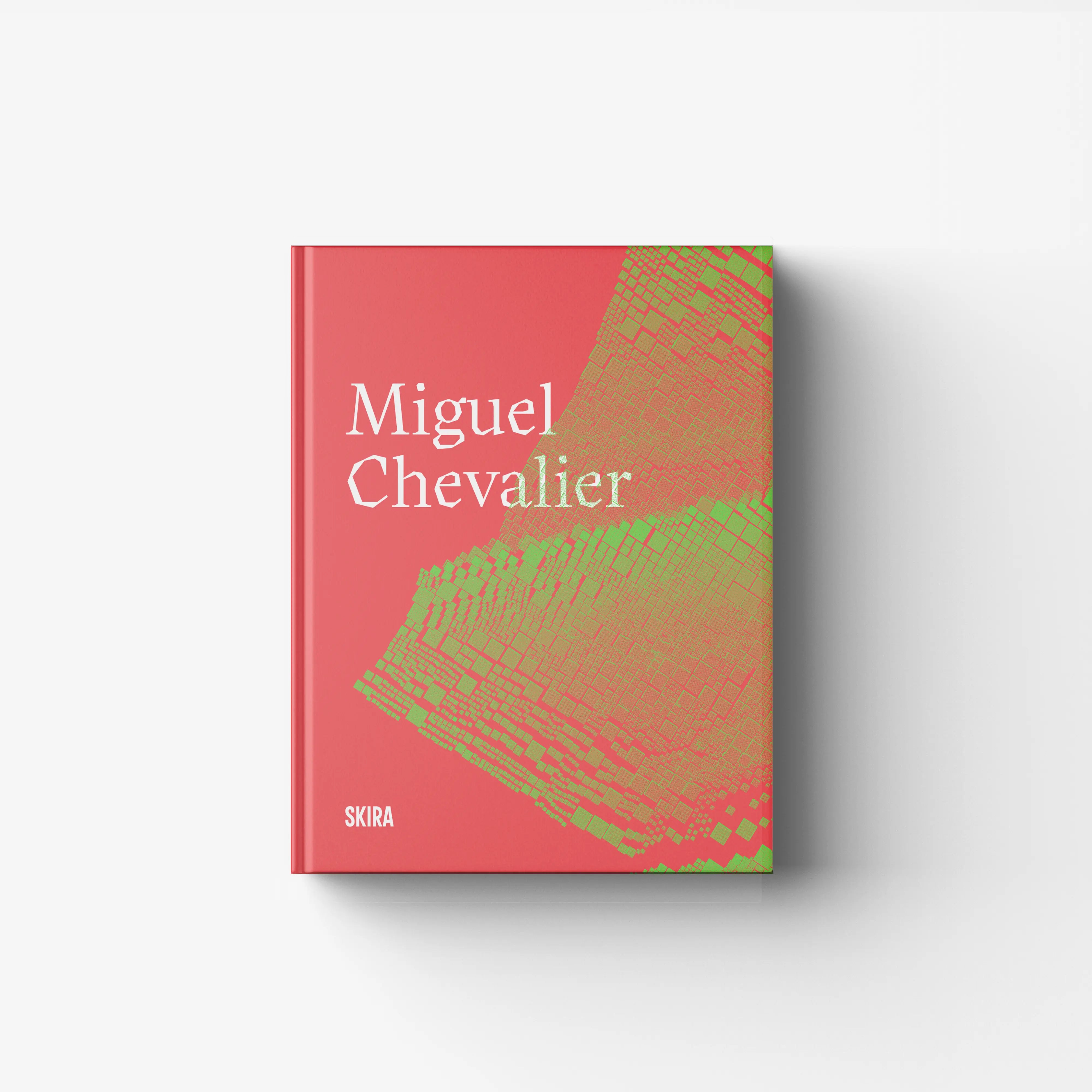 Contemporary art book by Skira Arte, Miguel Chevalier, French edition, coral red cover with green city grid design