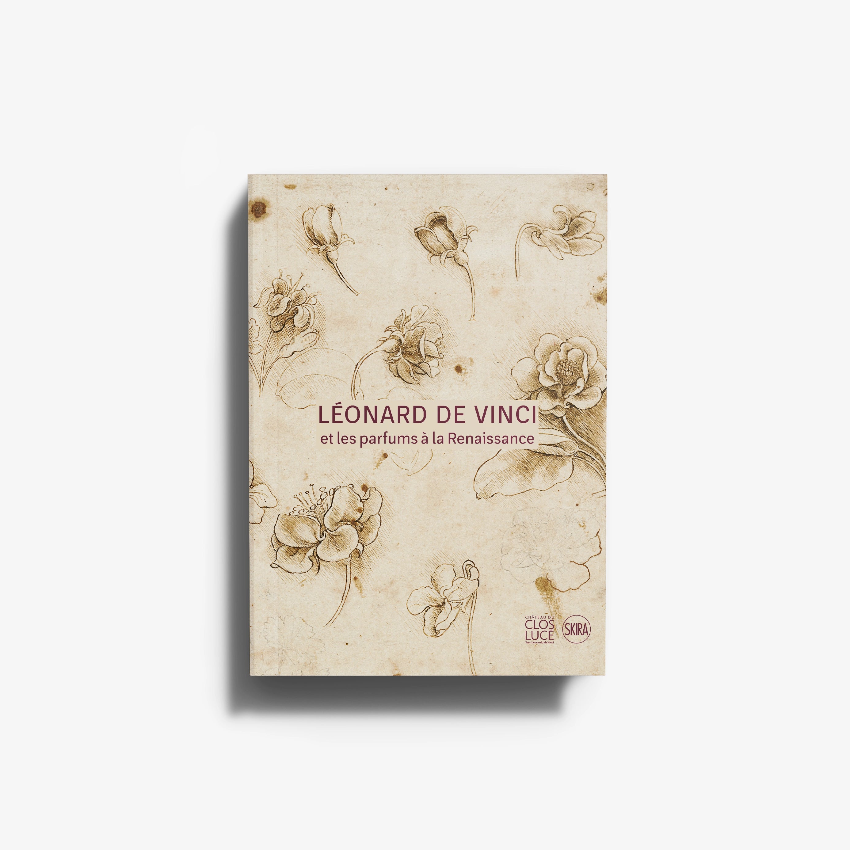 Exhibition catalogue book by Skira Arte with sepia botanical sketches, Léonard de Vinci and perfumes at the Renaissance