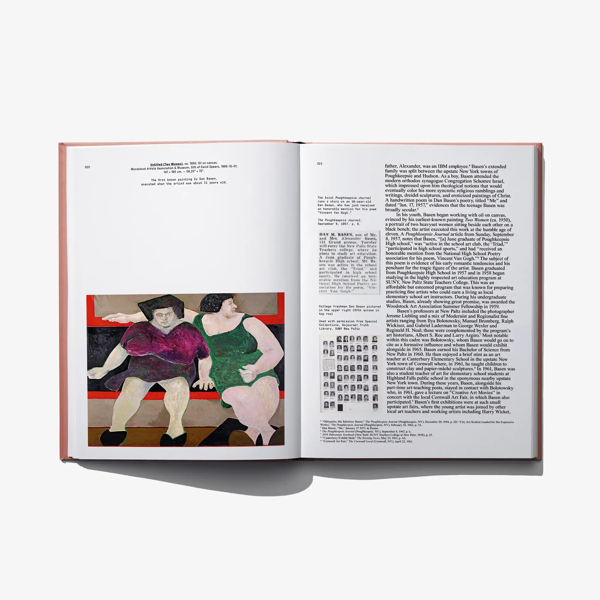 Open art book spread with text columns and a small painted figure on left page