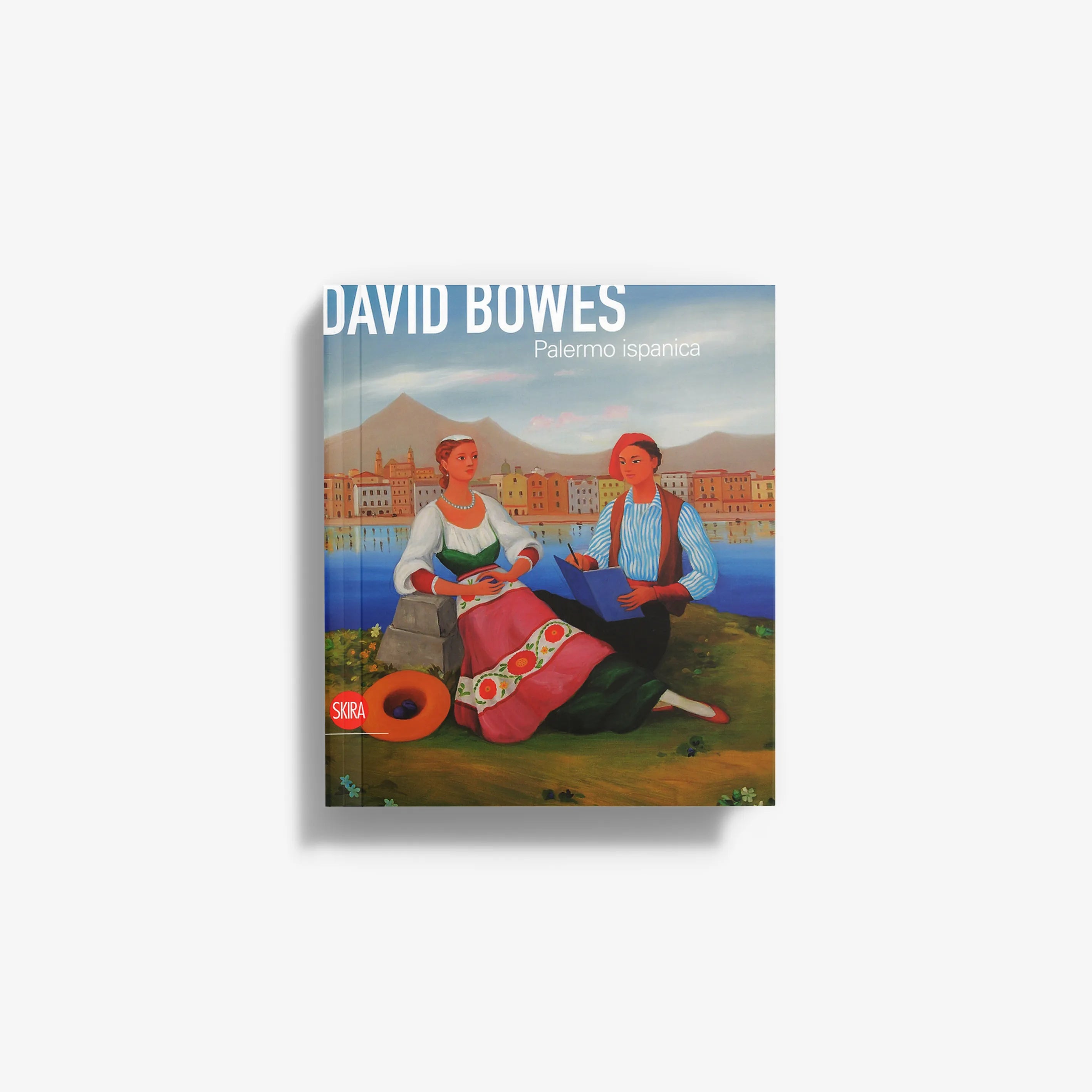 Art book cover with two seated figures, city skyline, and mountain landscape.