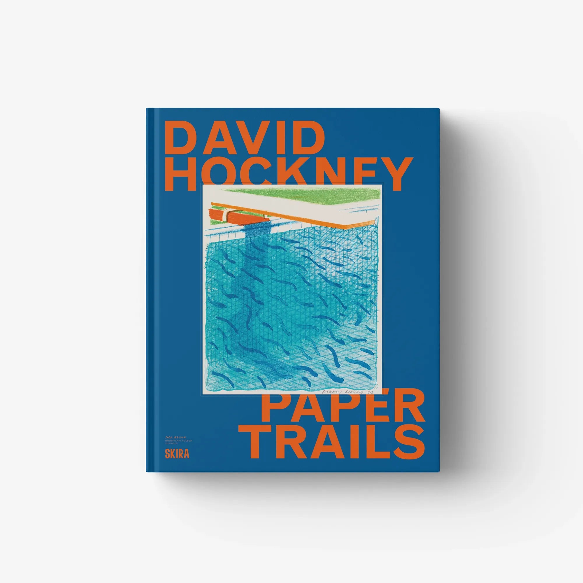 David Hockney art book cover, blue with orange lettering and ocean illustration