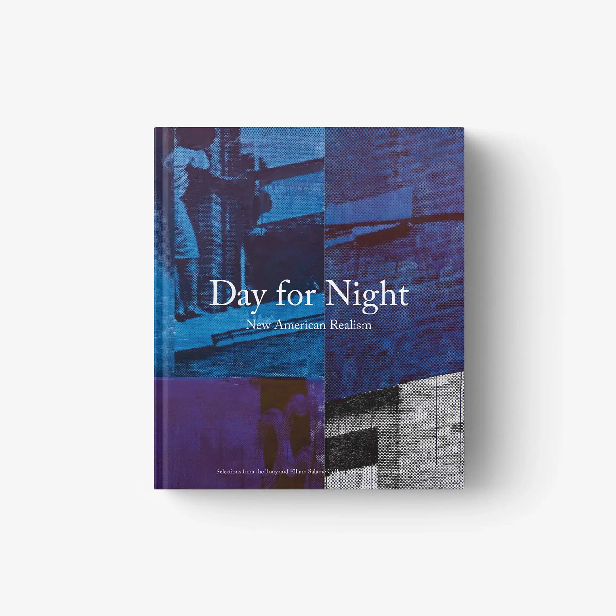 Art book cover with blue collage background and title lettering