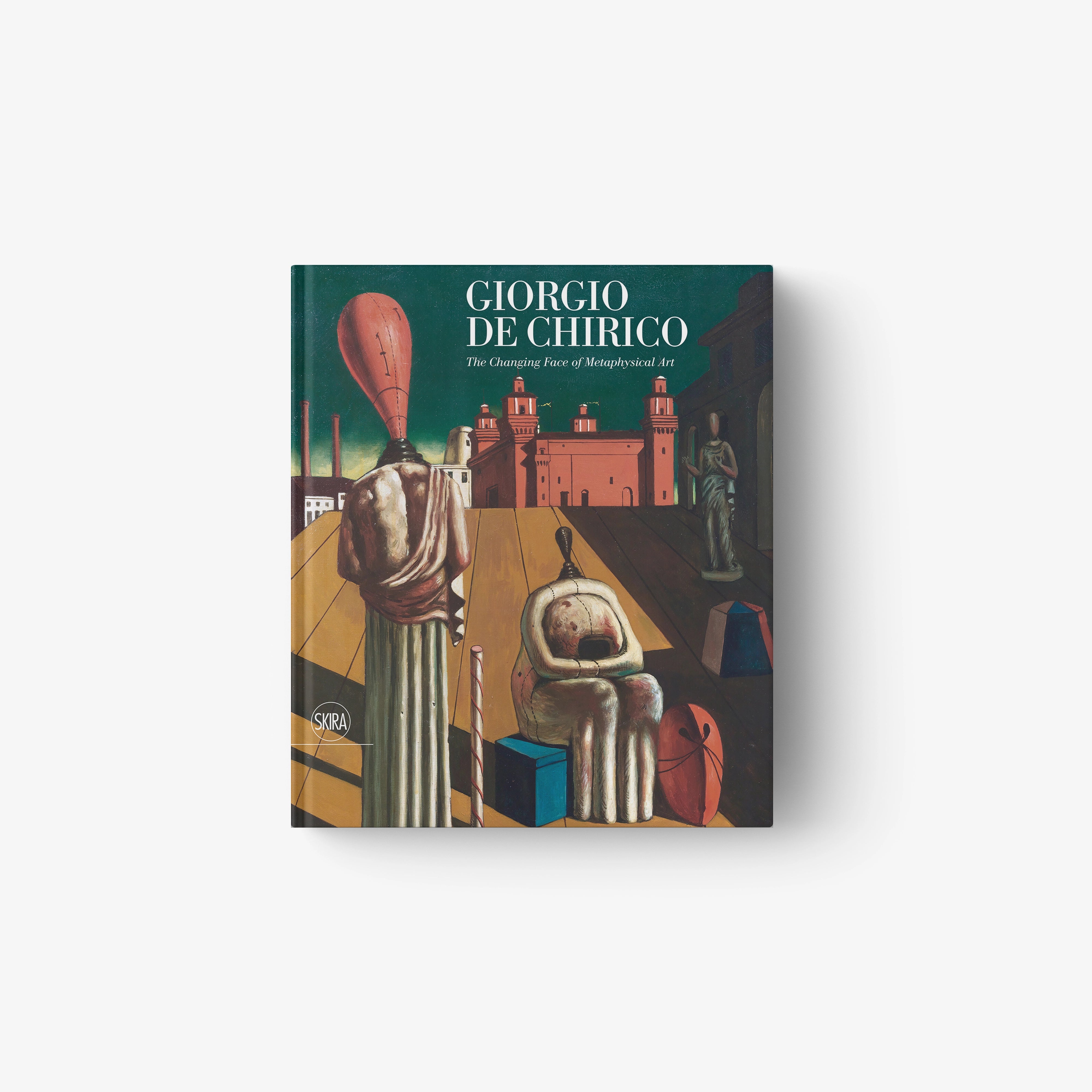 Book cover featuring Giorgio De Chirico’s metaphysical art with abstract, surreal figures and architectural elements on a.