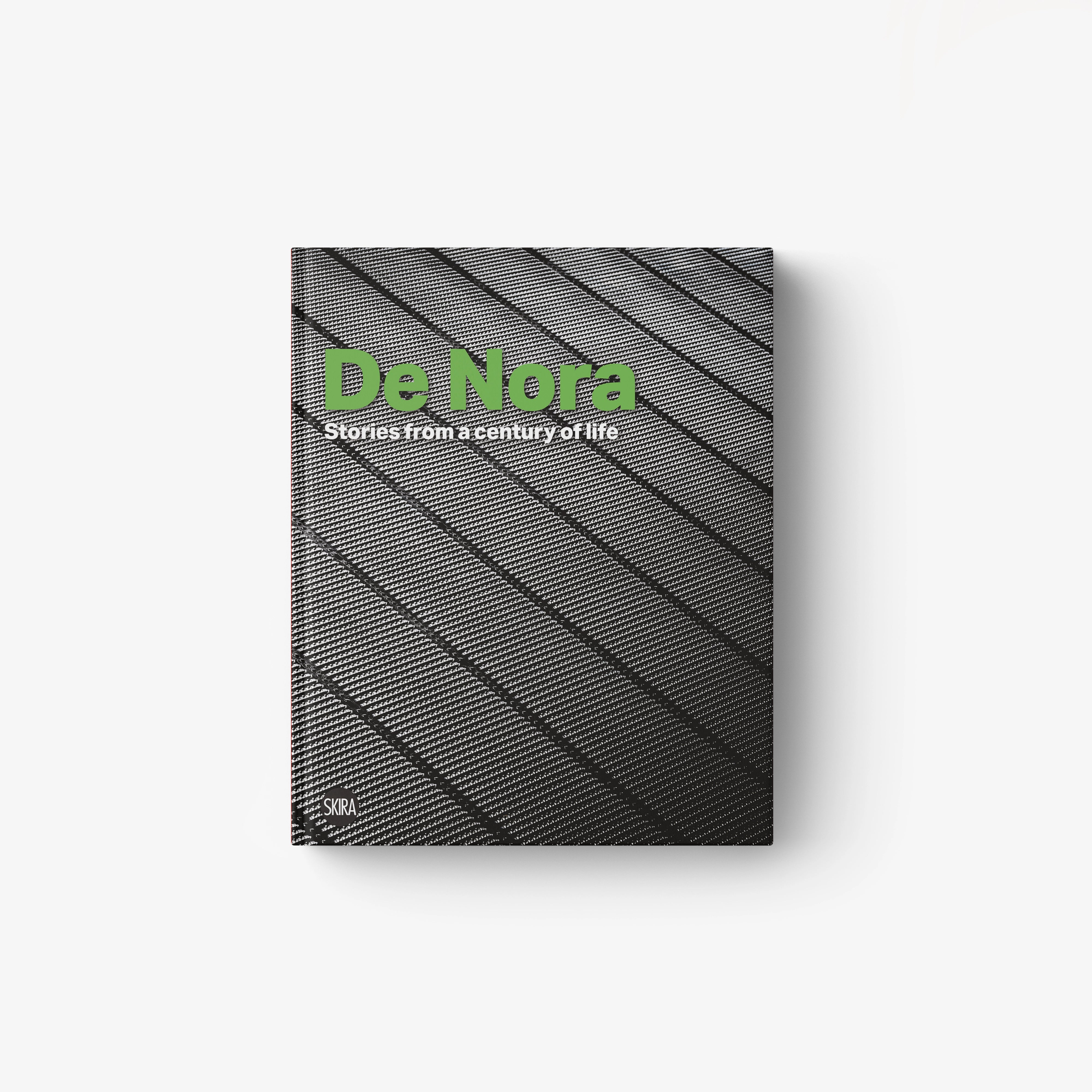 De Nora book cover with dark gray diagonal stripe pattern and green title