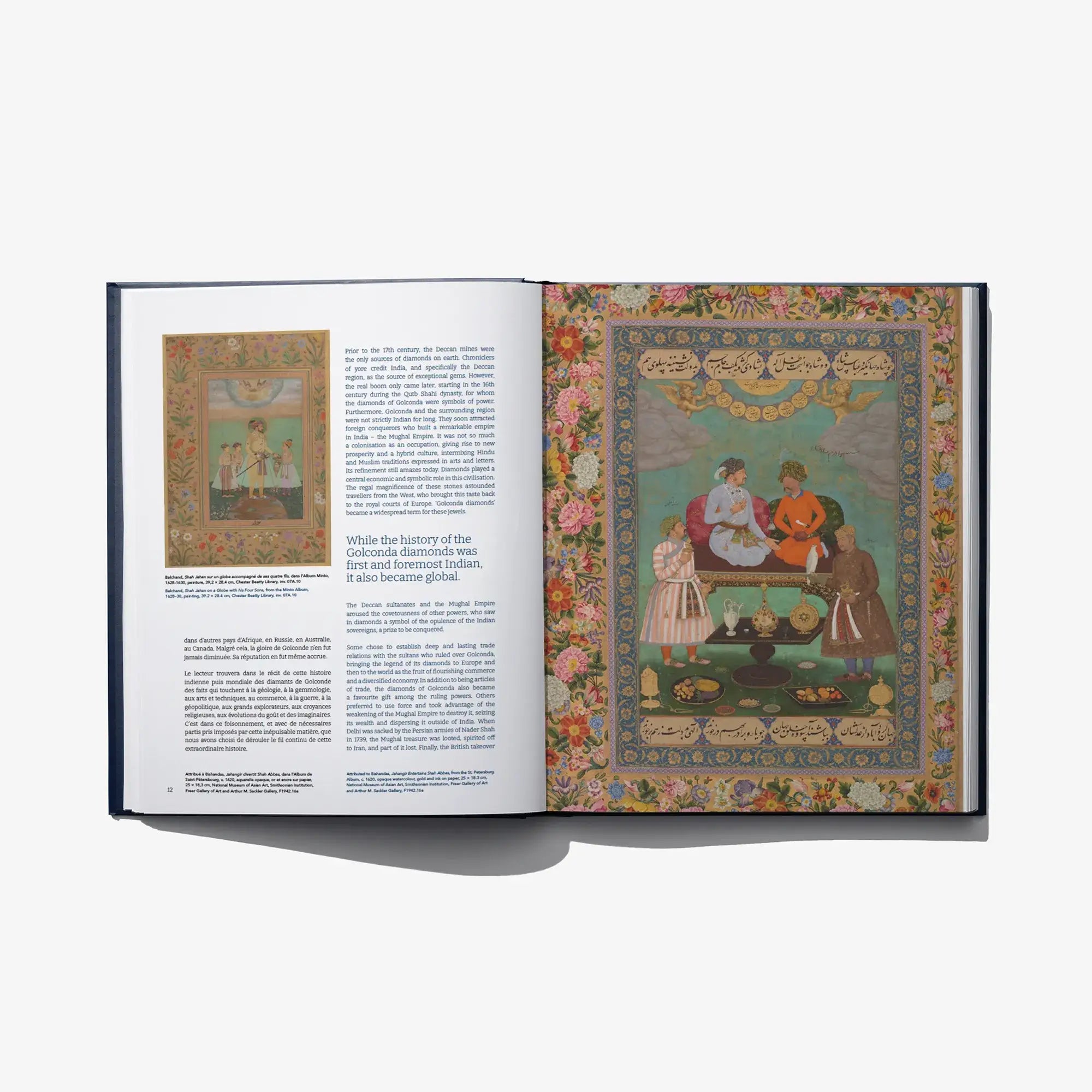 Diamonds of Golconda open book with illustrated pages and decorative artwork
