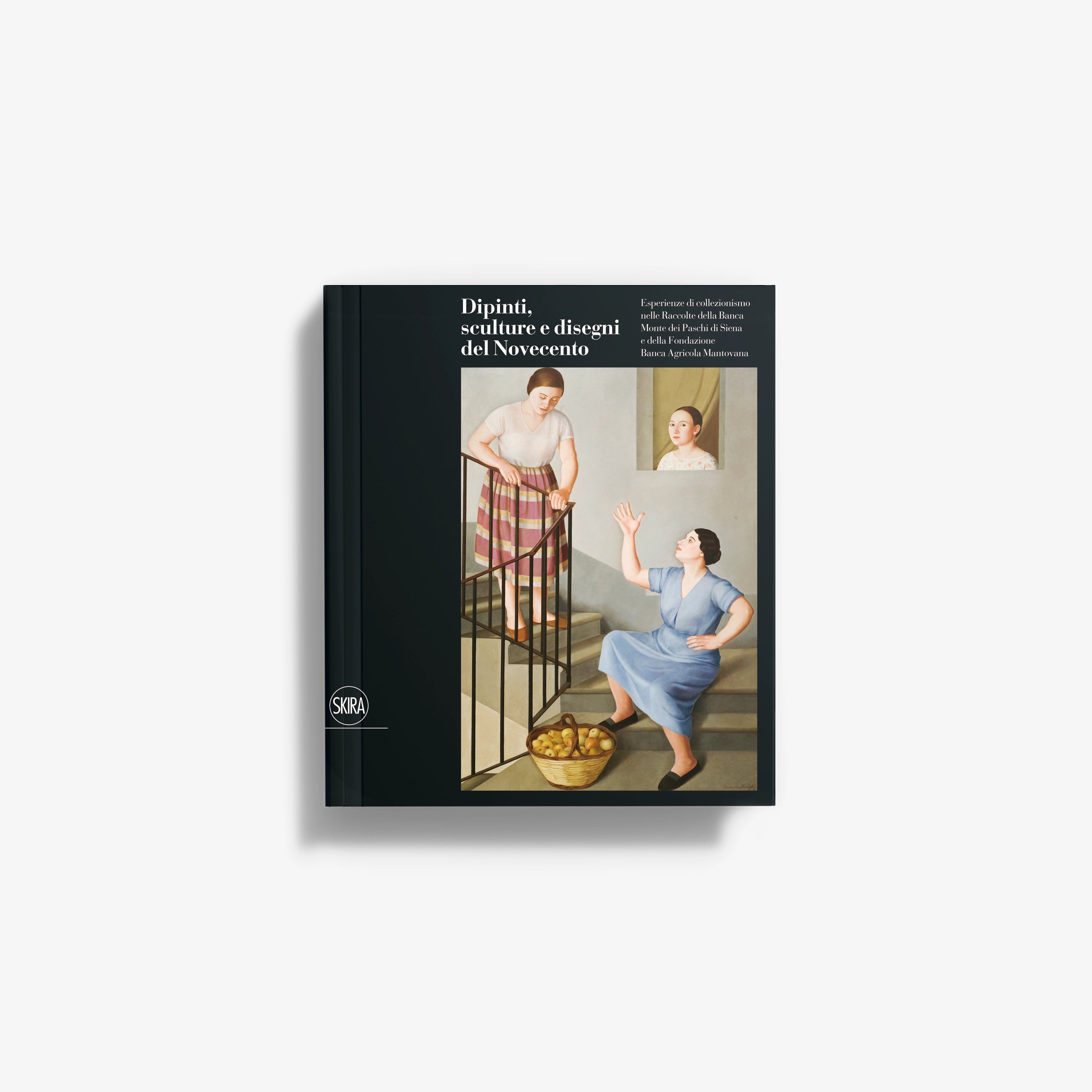 Hardcover art book with dark cover and illustrated front featuring figures and artworks