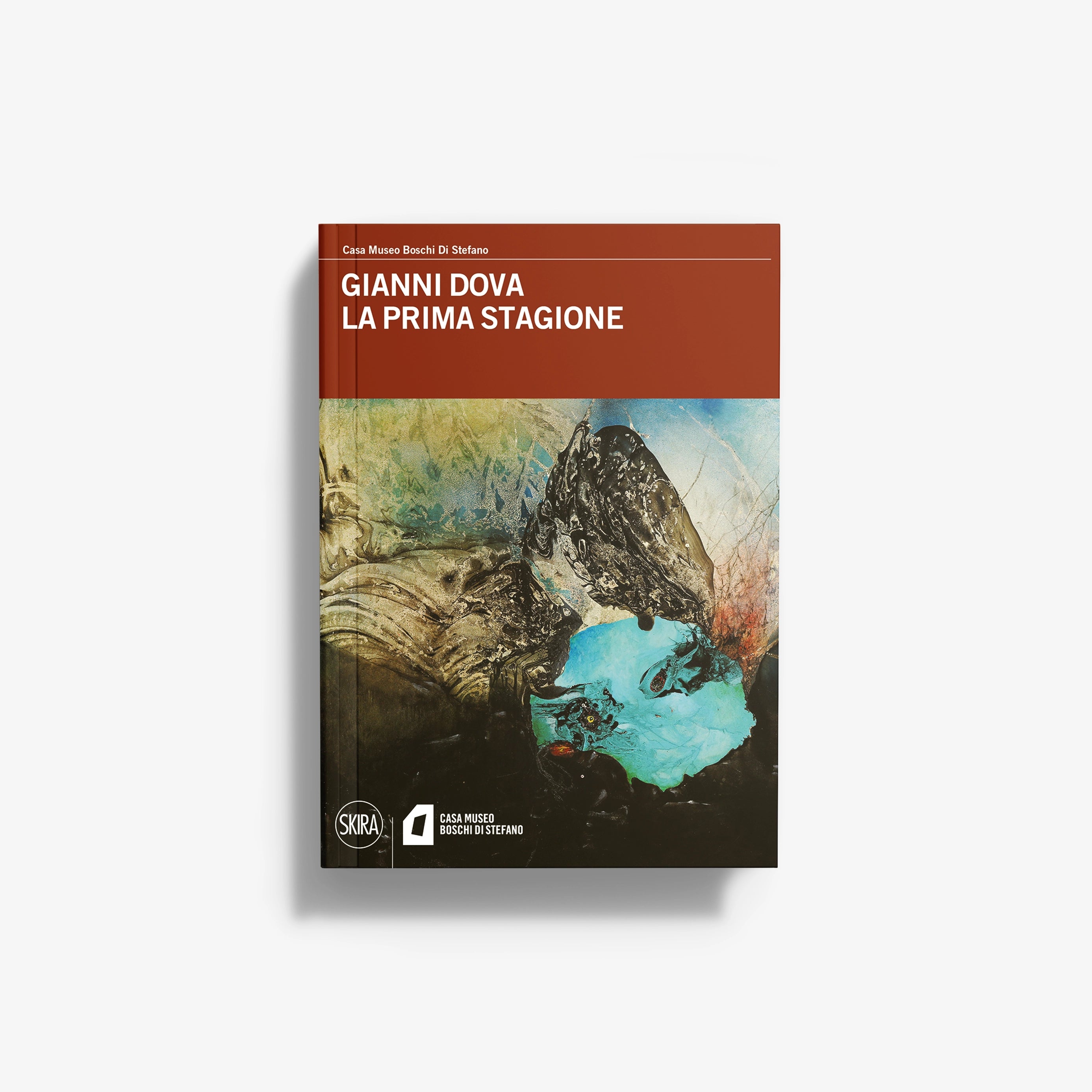 Book cover with abstract art featuring earthy tones, blue, and black under a rust-colored title band with white text "Gianni .