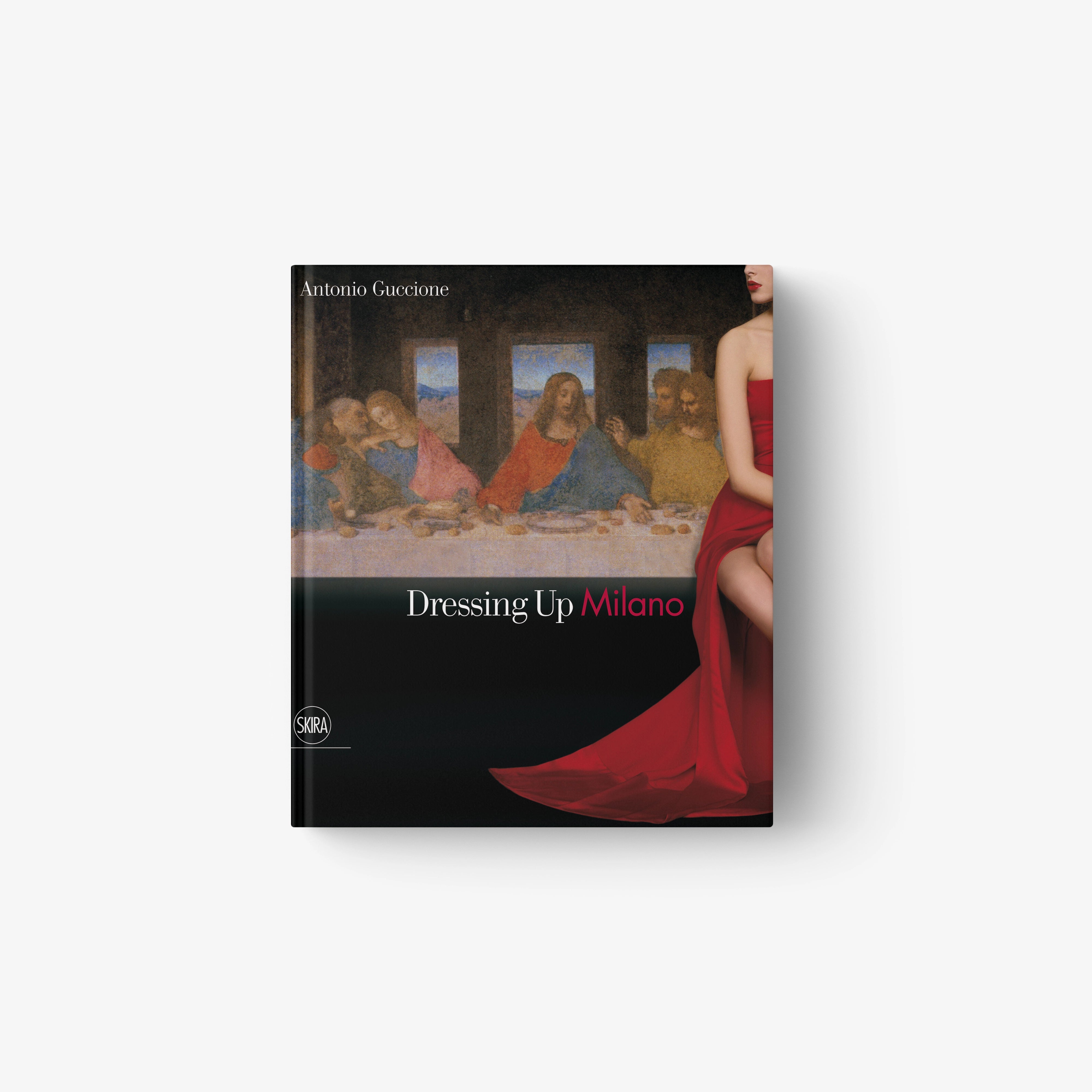 Art book cover with women in red dresses over blue painting background