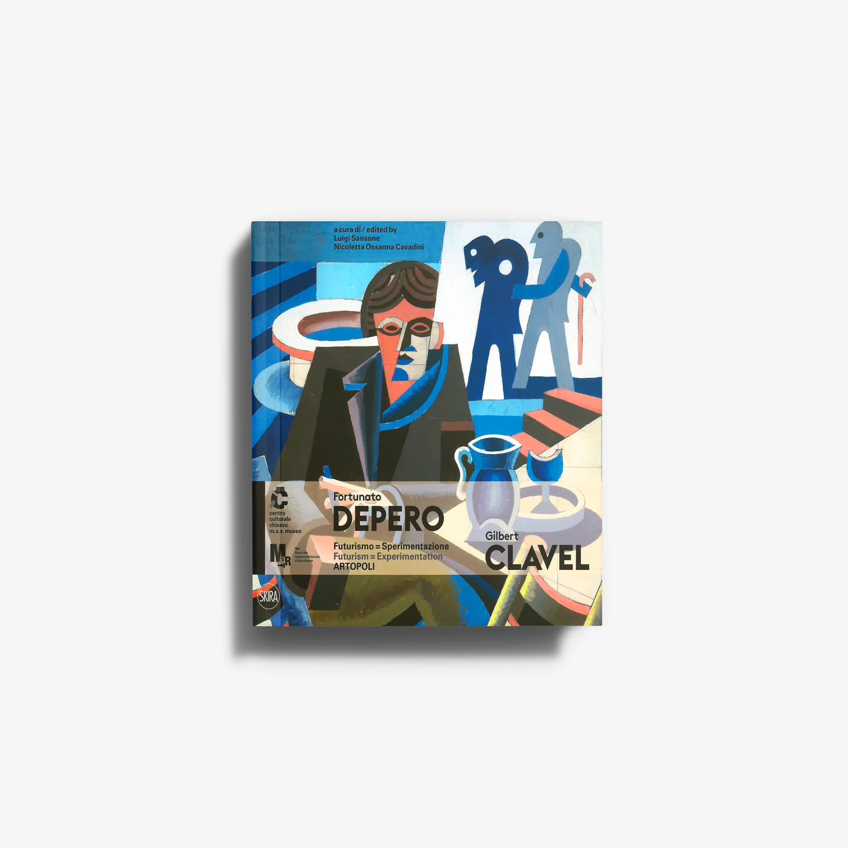 Contemporary art book in blue and white with illustrated figures, Skira Arte, collaboration between Depero and Gilbert Clavel