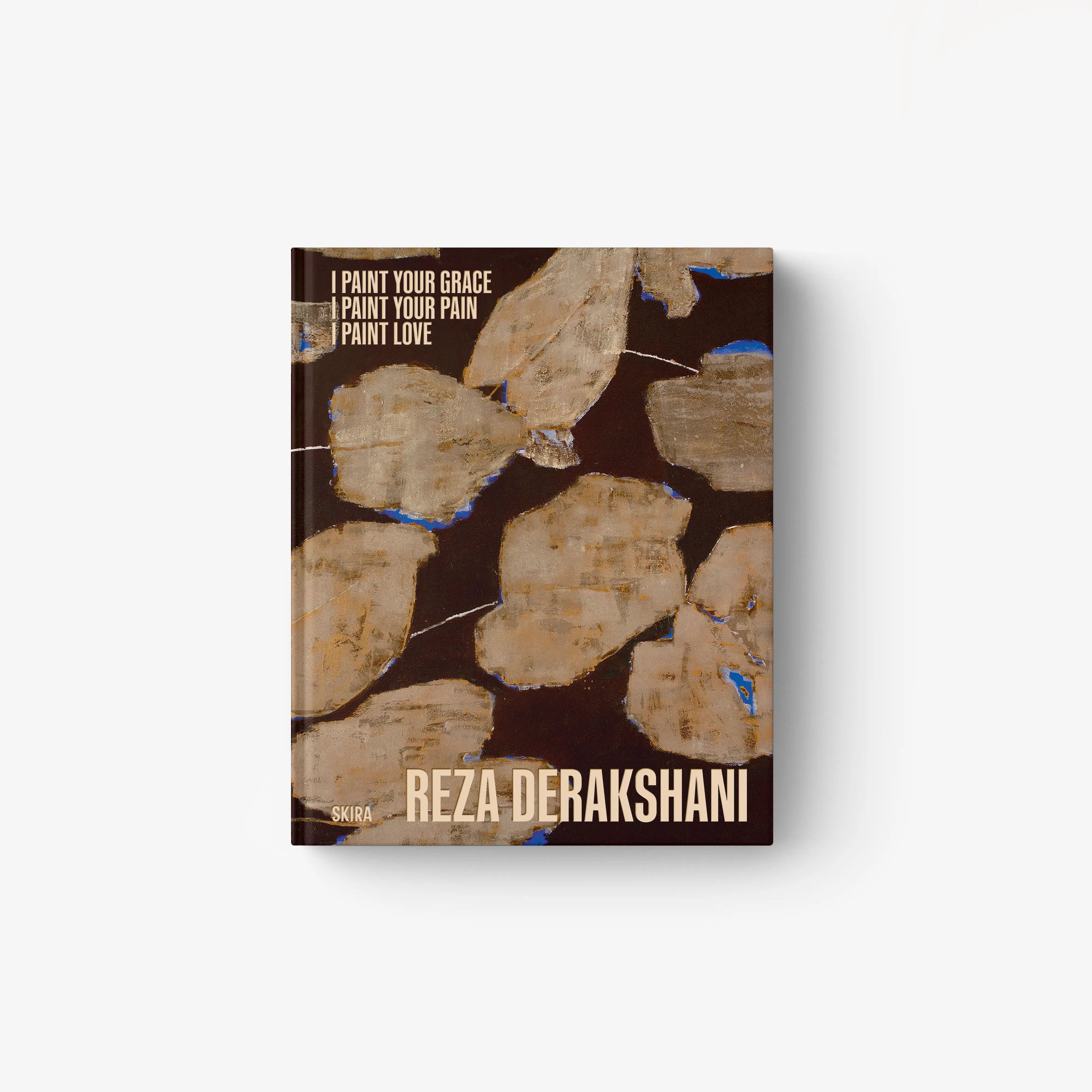 Abstract art book cover with beige shapes, blue accents, and Reza Derakhshani text