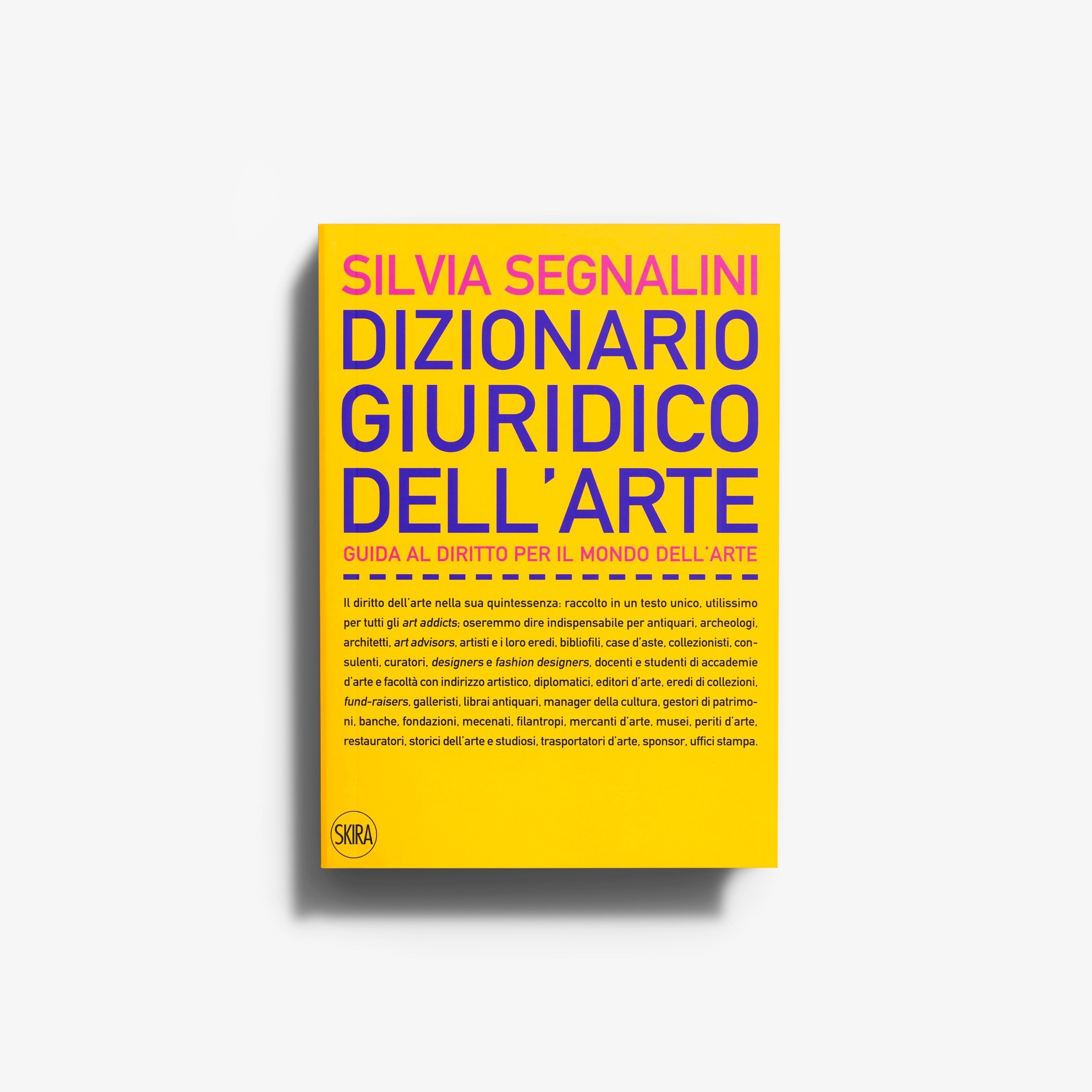 Hardback art law dictionary by Skira Arte in yellow with blue and pink title text, volume unico