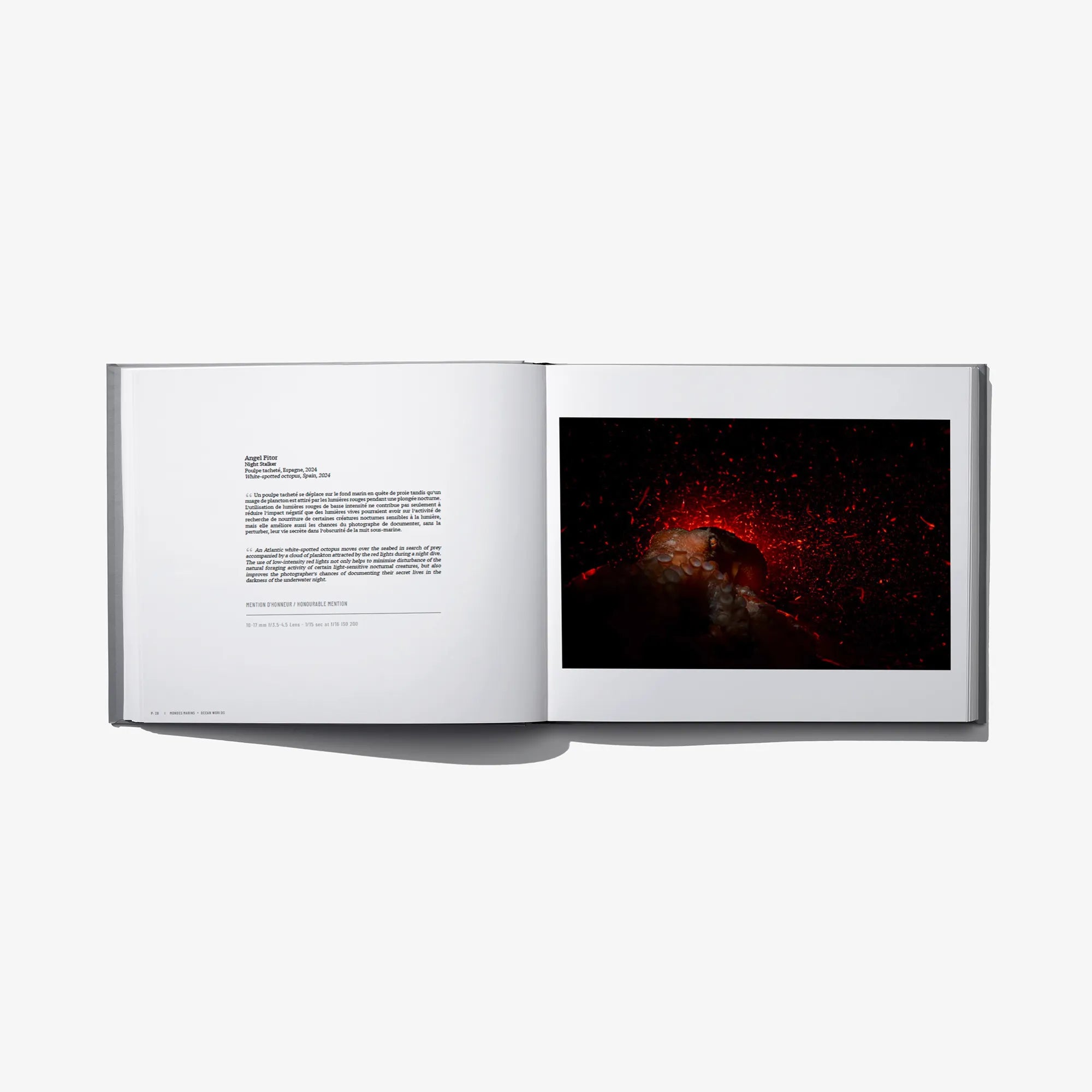 Hardcover photo award book open, white pages with dark red image and printed text.