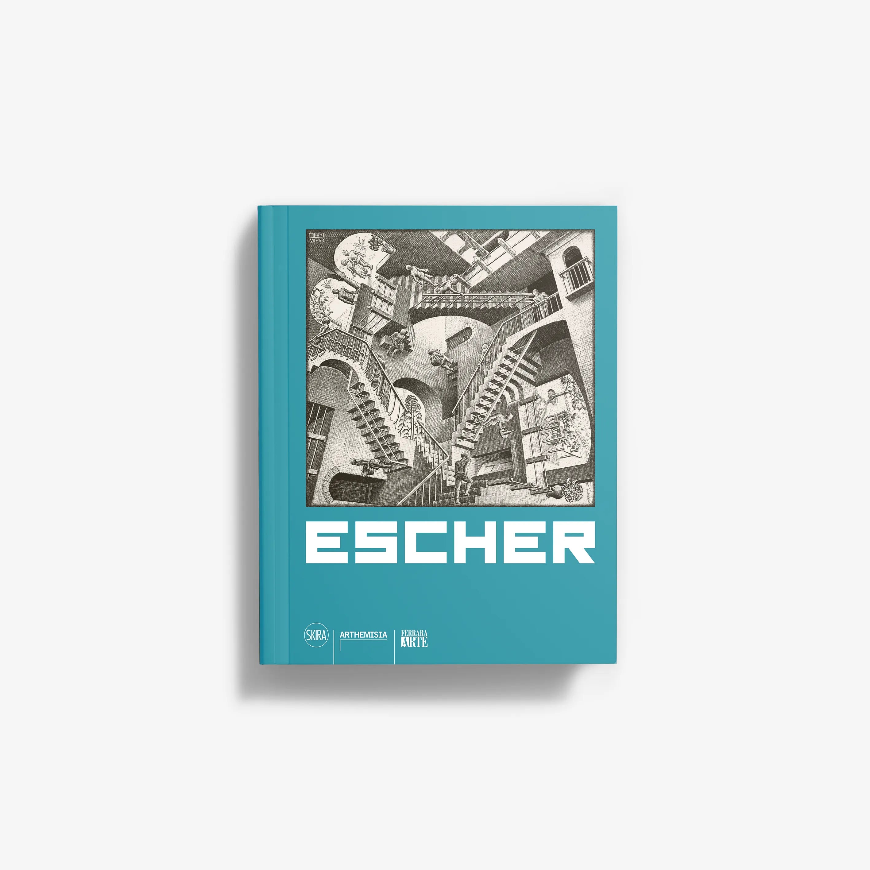 Art book in teal with black and white Escher print, Skira Arte, monografia d'arte illustrata