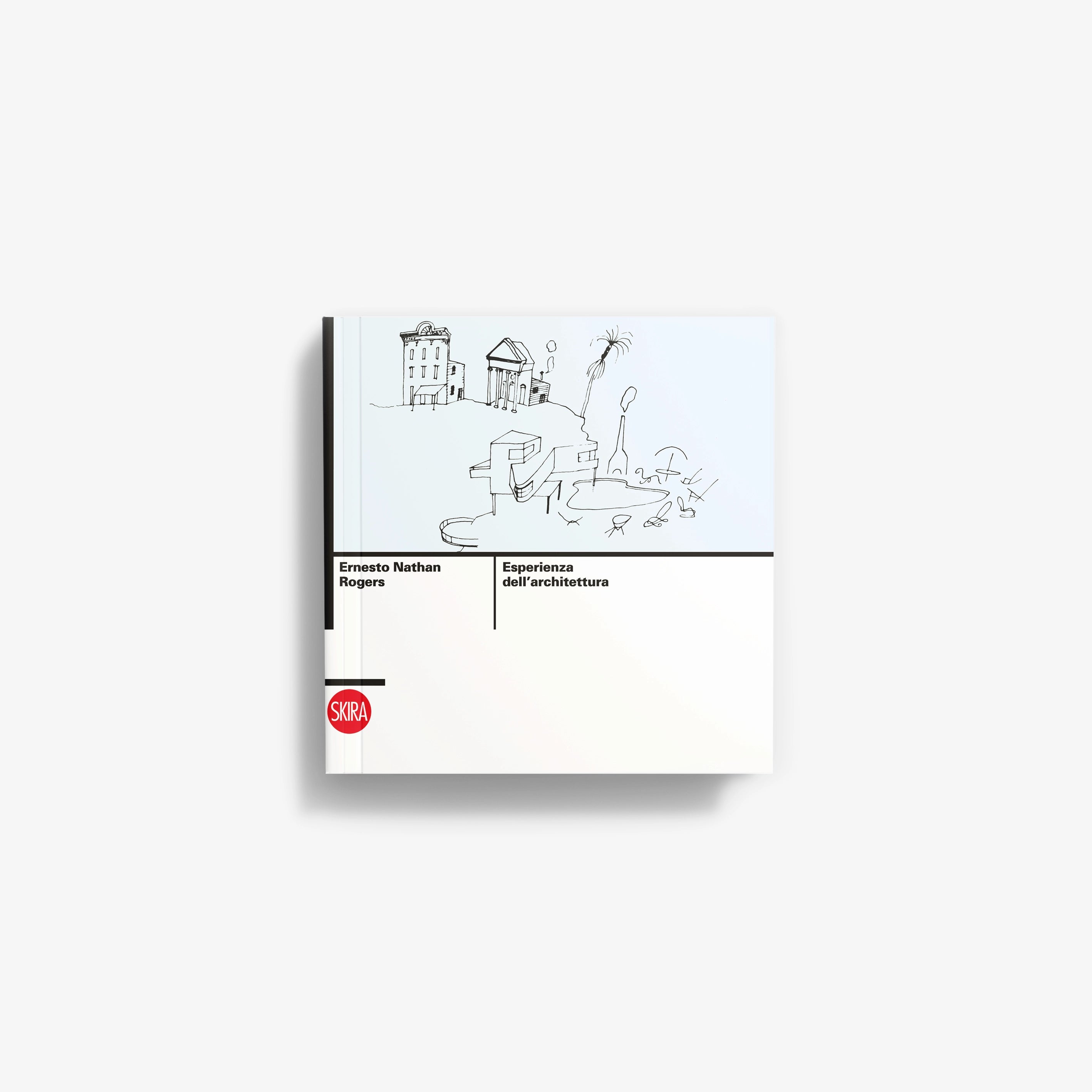Architecture book with white cover and line-art building sketches, title and author text
