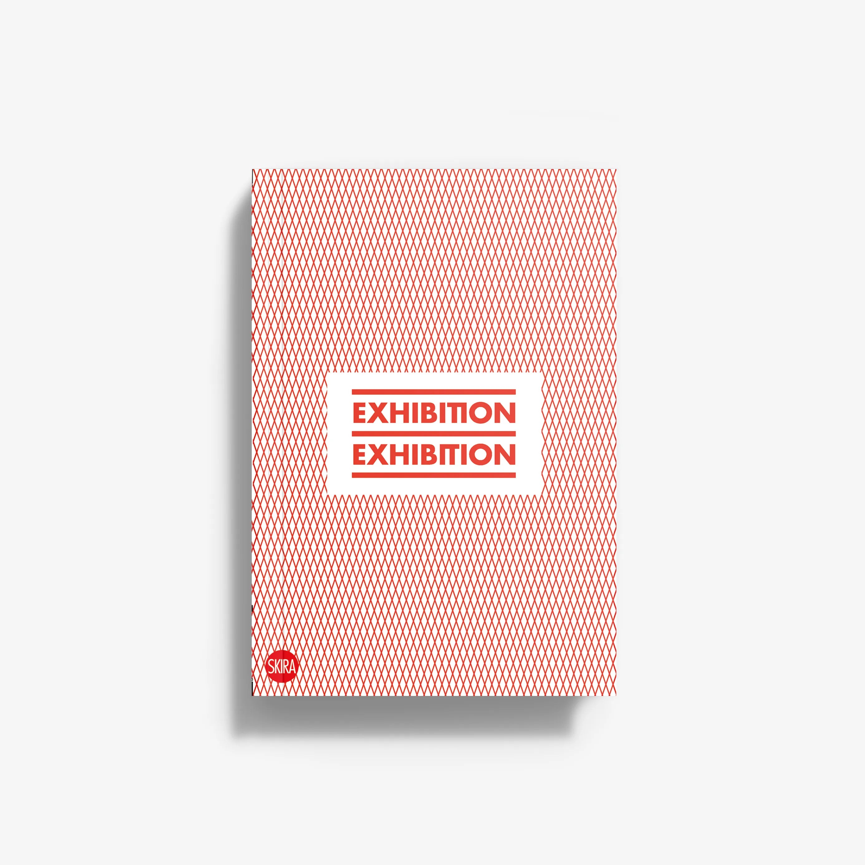Red net-pattern exhibition poster with centered 'EXHIBITION' text label