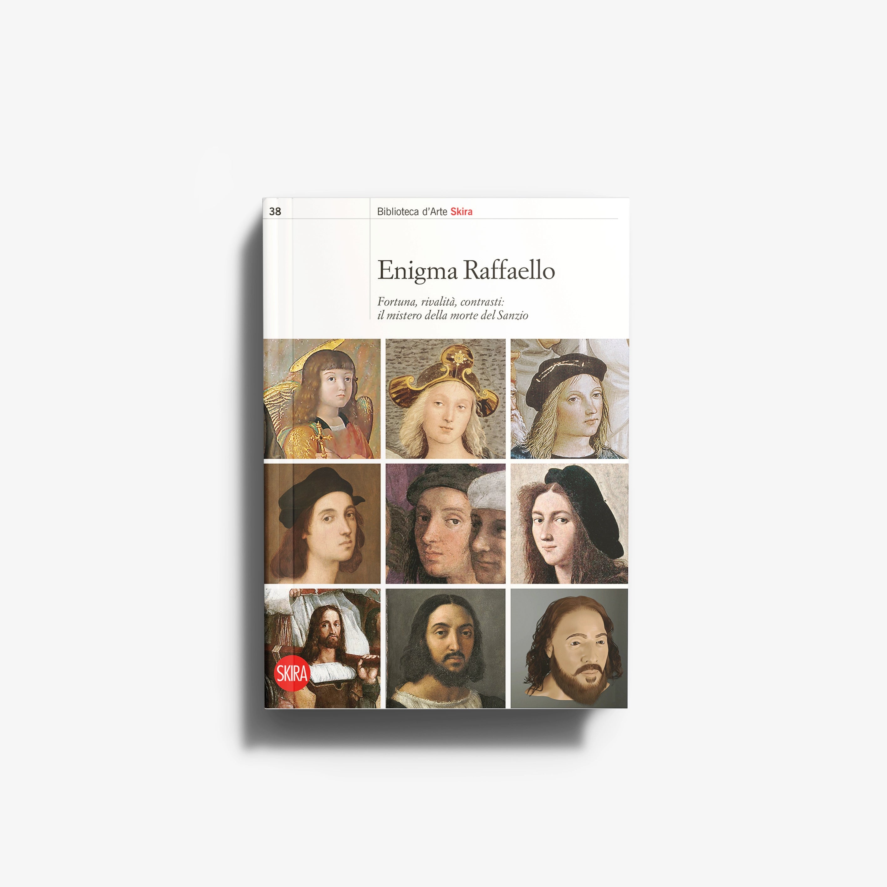 Classic art book Enigma Raffaello by Skira Arte with theme morte e mistero dell'artista, showing a collage of portraits