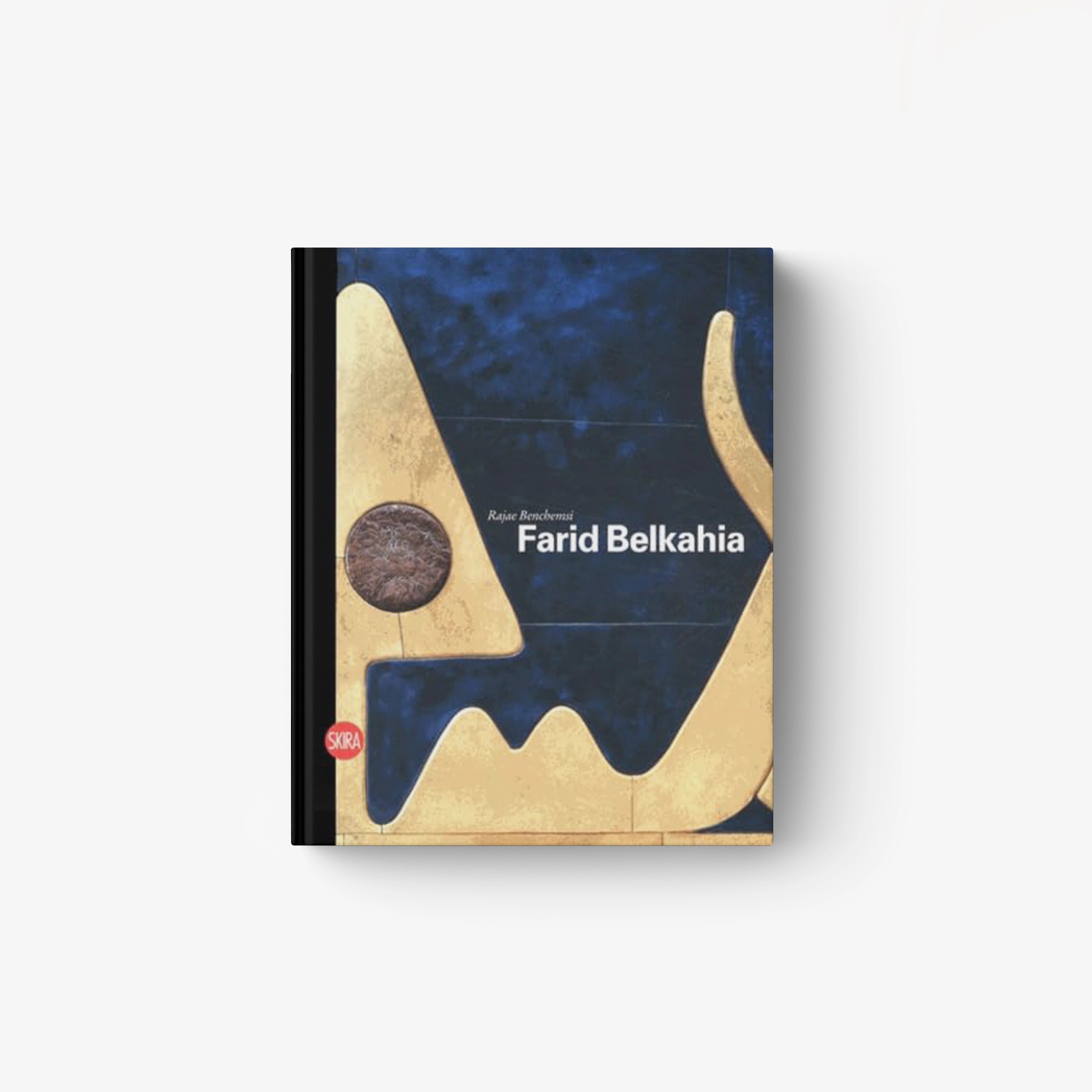 Farid Belkahia book with blue cover and abstract gold and beige shapes